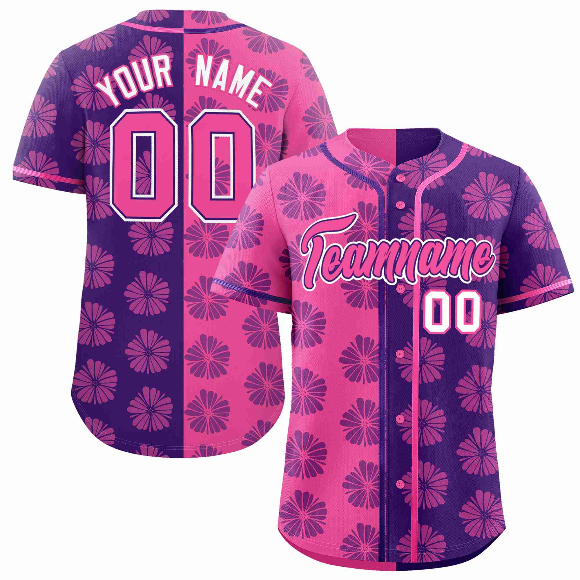 Custom Pink Purple Split Fashion Flower Graffiti Pattern Authentic Baseball Jersey