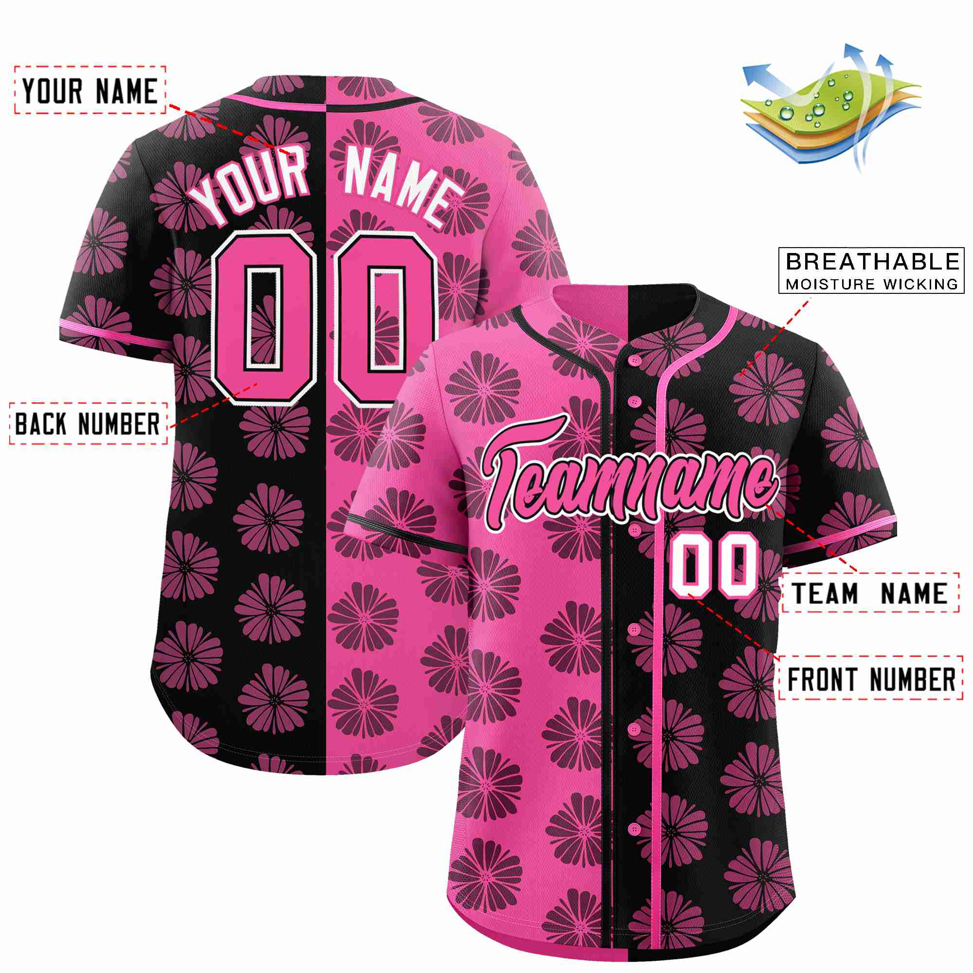 Custom Pink Black Split Fashion Flower Graffiti Pattern Authentic Baseball Jersey