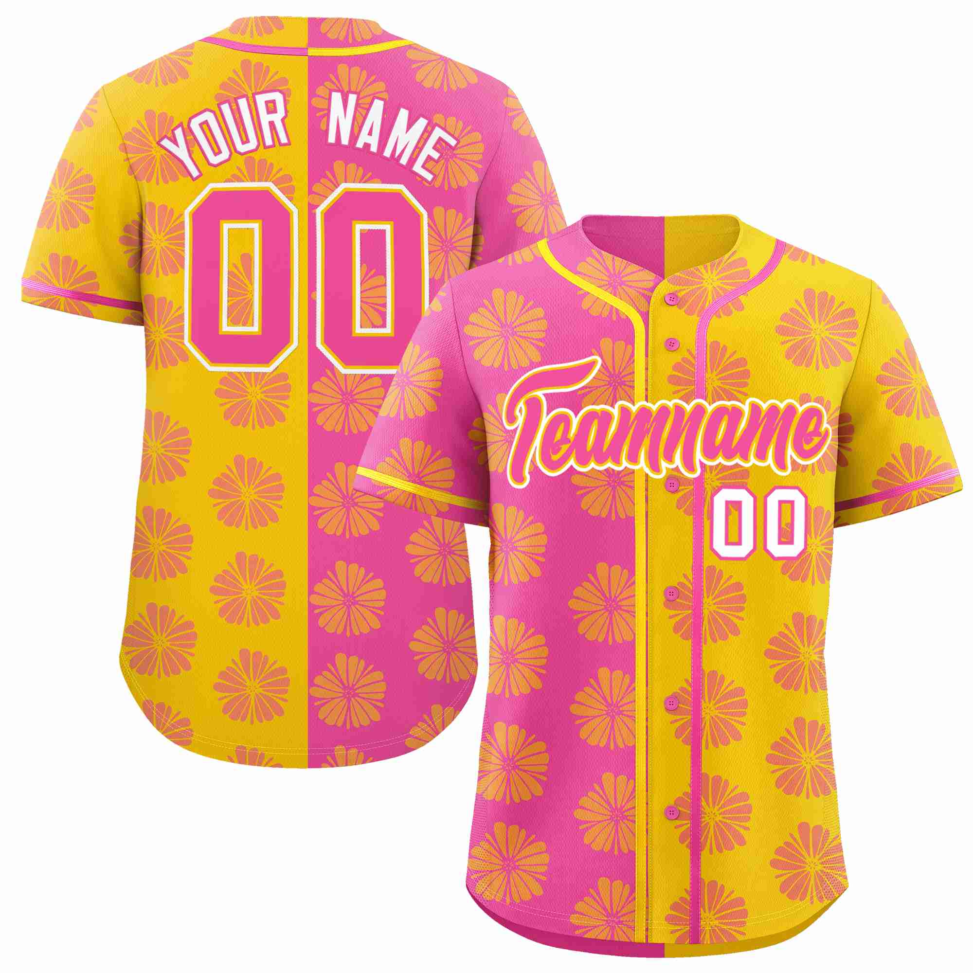 Custom Pink Gold Split Fashion Flower Graffiti Pattern Authentic Baseball Jersey