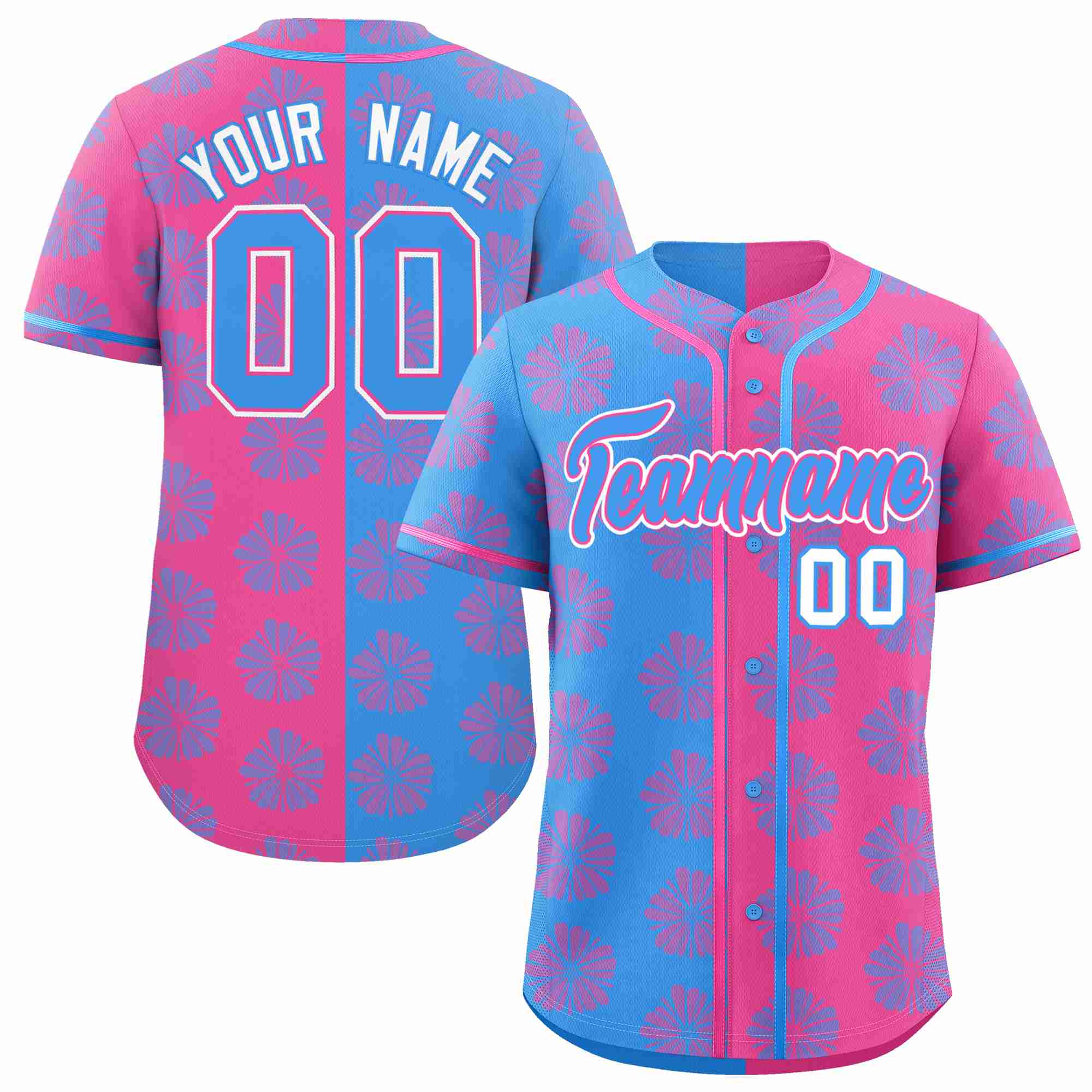 Custom Powder Blue Pink Split Fashion Flower Graffiti Pattern Authentic Baseball Jersey