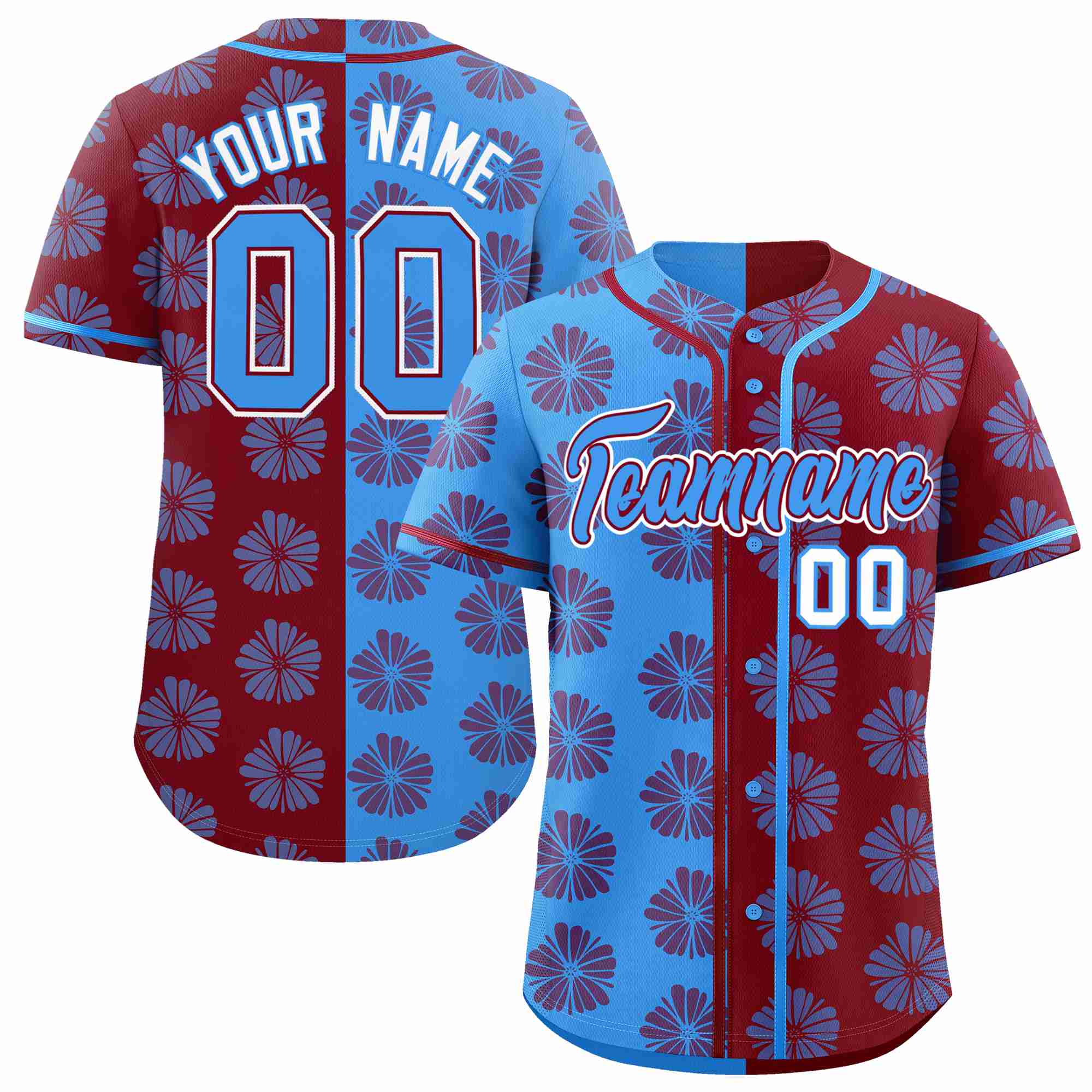 Custom Powder Blue Crimson Split Fashion Flower Graffiti Pattern Authentic Baseball Jersey