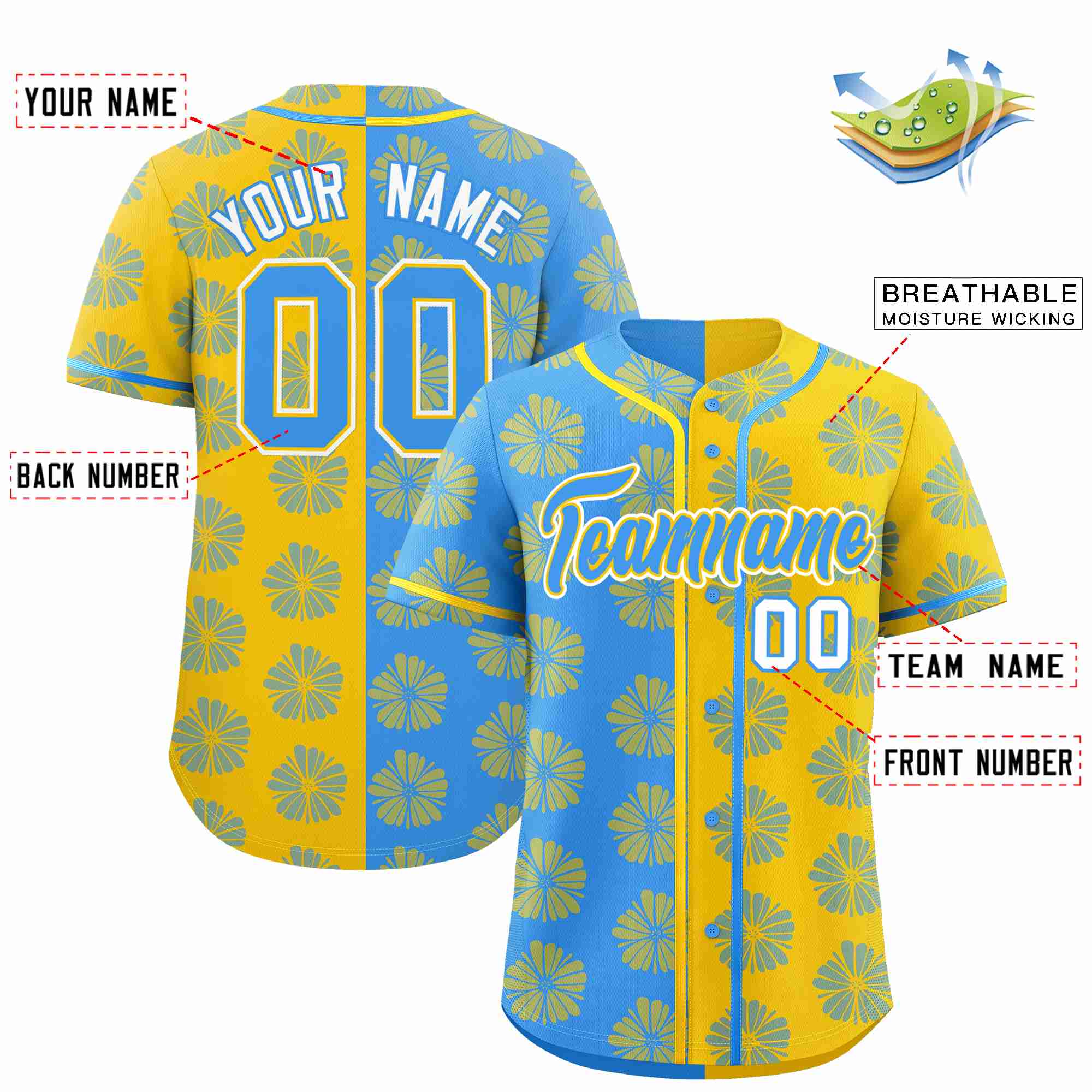 Custom Powder Blue Gold Split Fashion Flower Graffiti Pattern Authentic Baseball Jersey