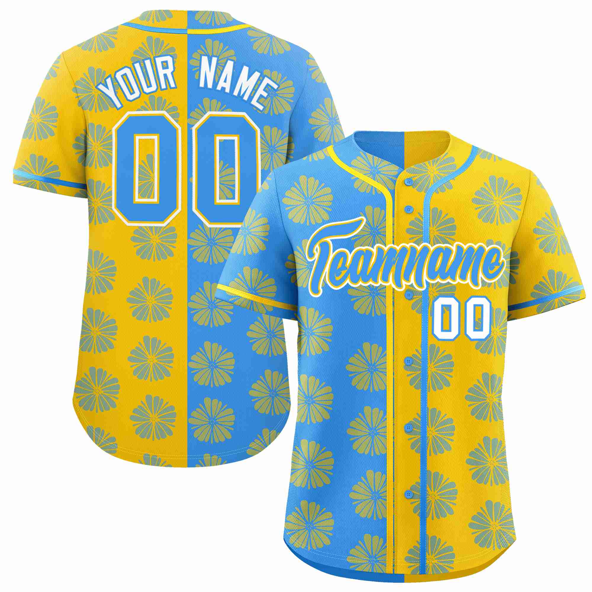 Custom Powder Blue Gold Split Fashion Flower Graffiti Pattern Authentic Baseball Jersey