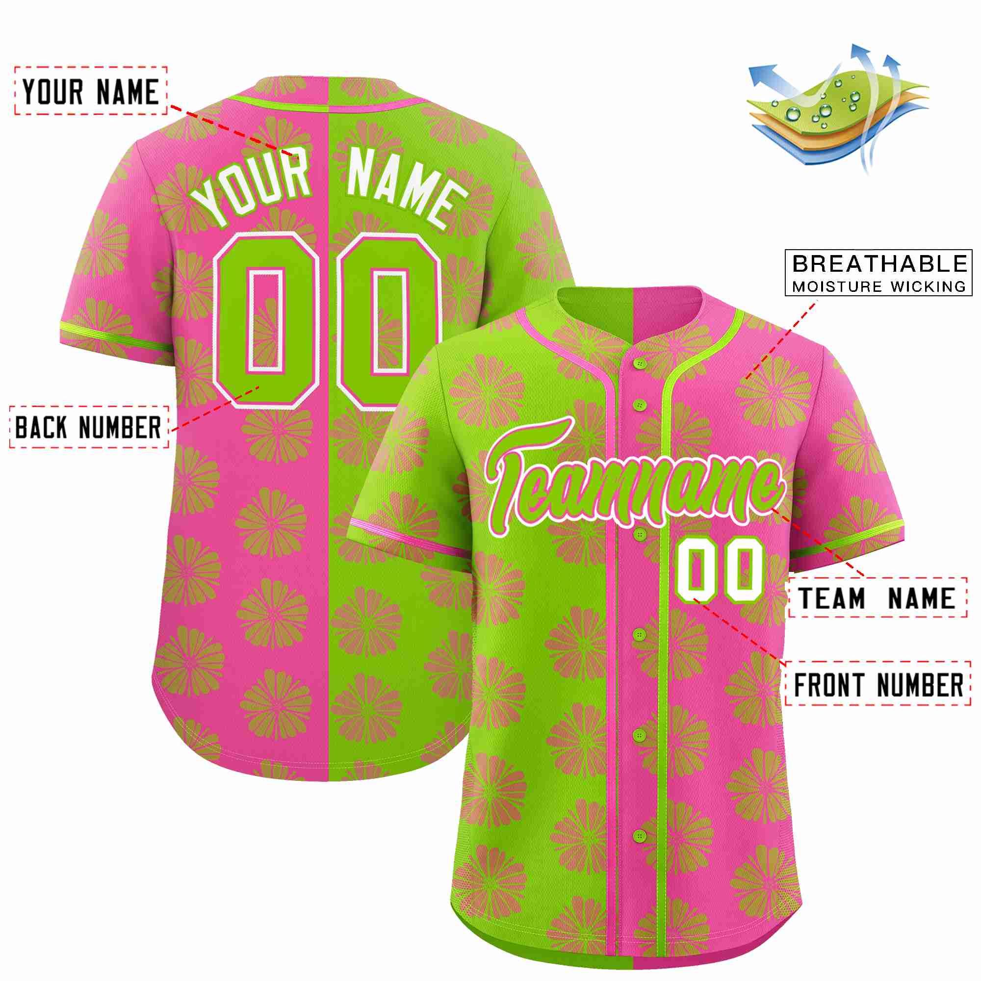 Custom Neon Green Pink Split Fashion Flower Graffiti Pattern Authentic Baseball Jersey