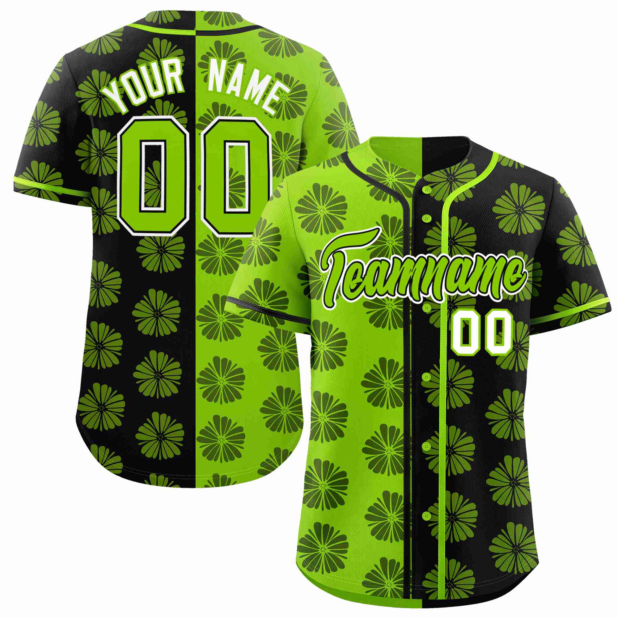 Custom Neon Green Black Split Fashion Flower Graffiti Pattern Authentic Baseball Jersey