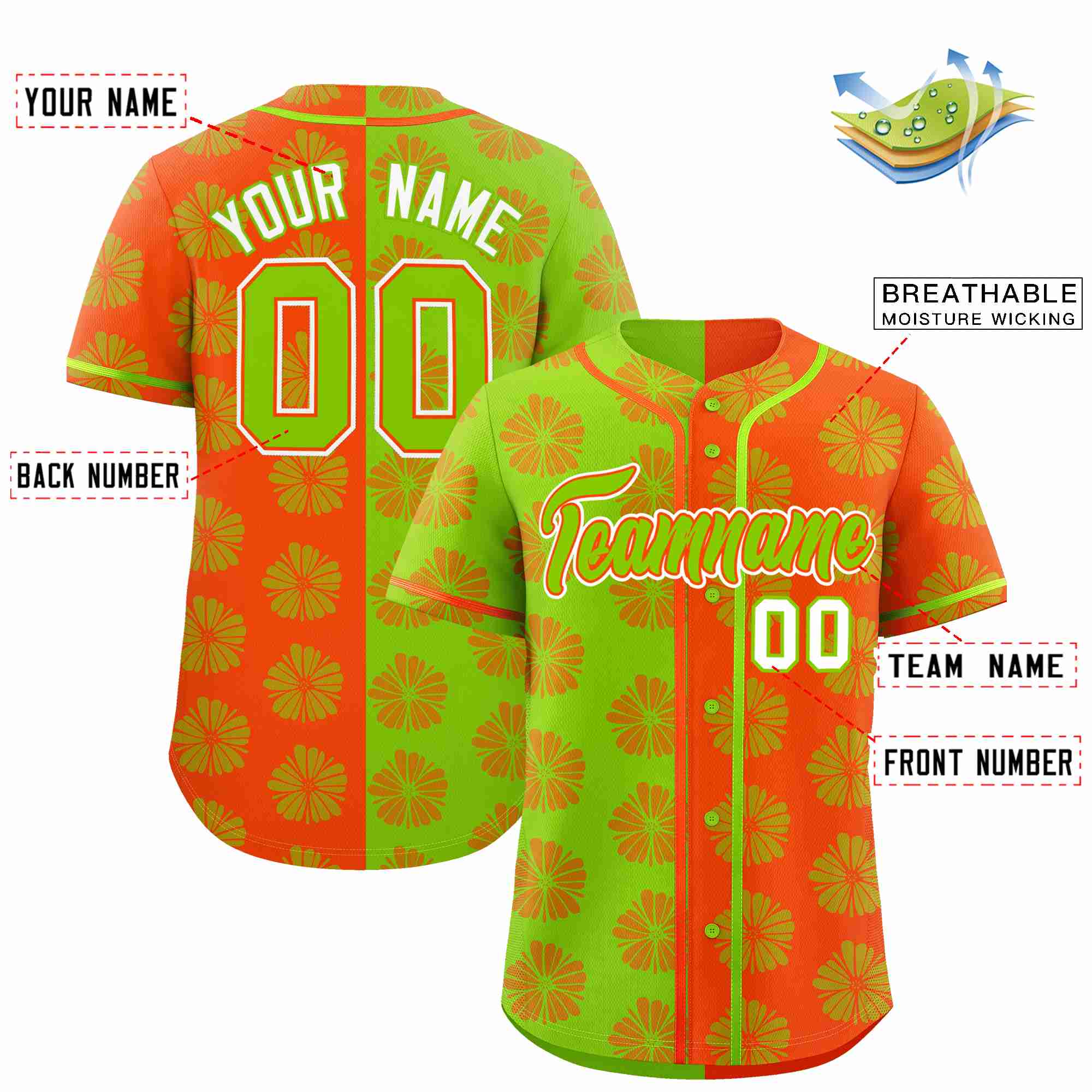 Custom Neon Green Orange Split Fashion Flower Graffiti Pattern Authentic Baseball Jersey