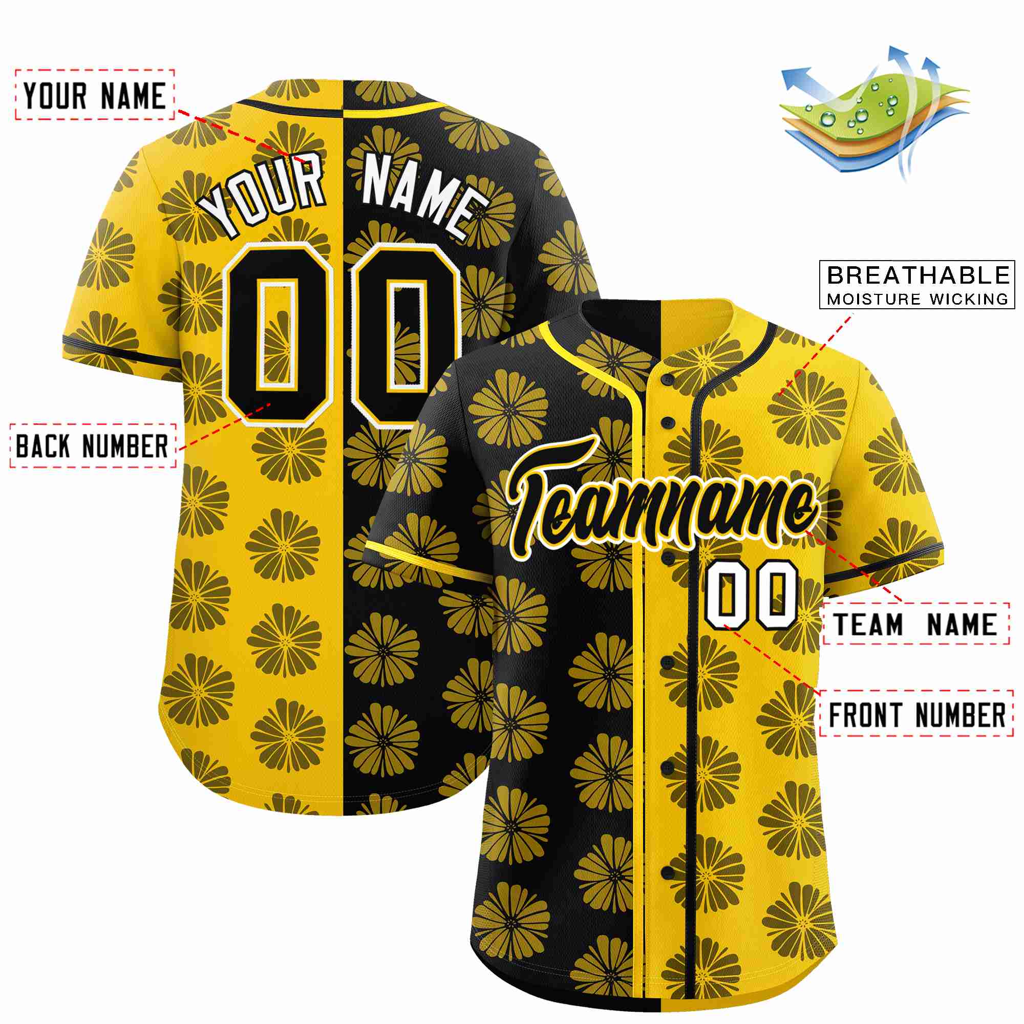 Custom Black Gold Split Fashion Flower Graffiti Pattern Authentic Baseball Jersey