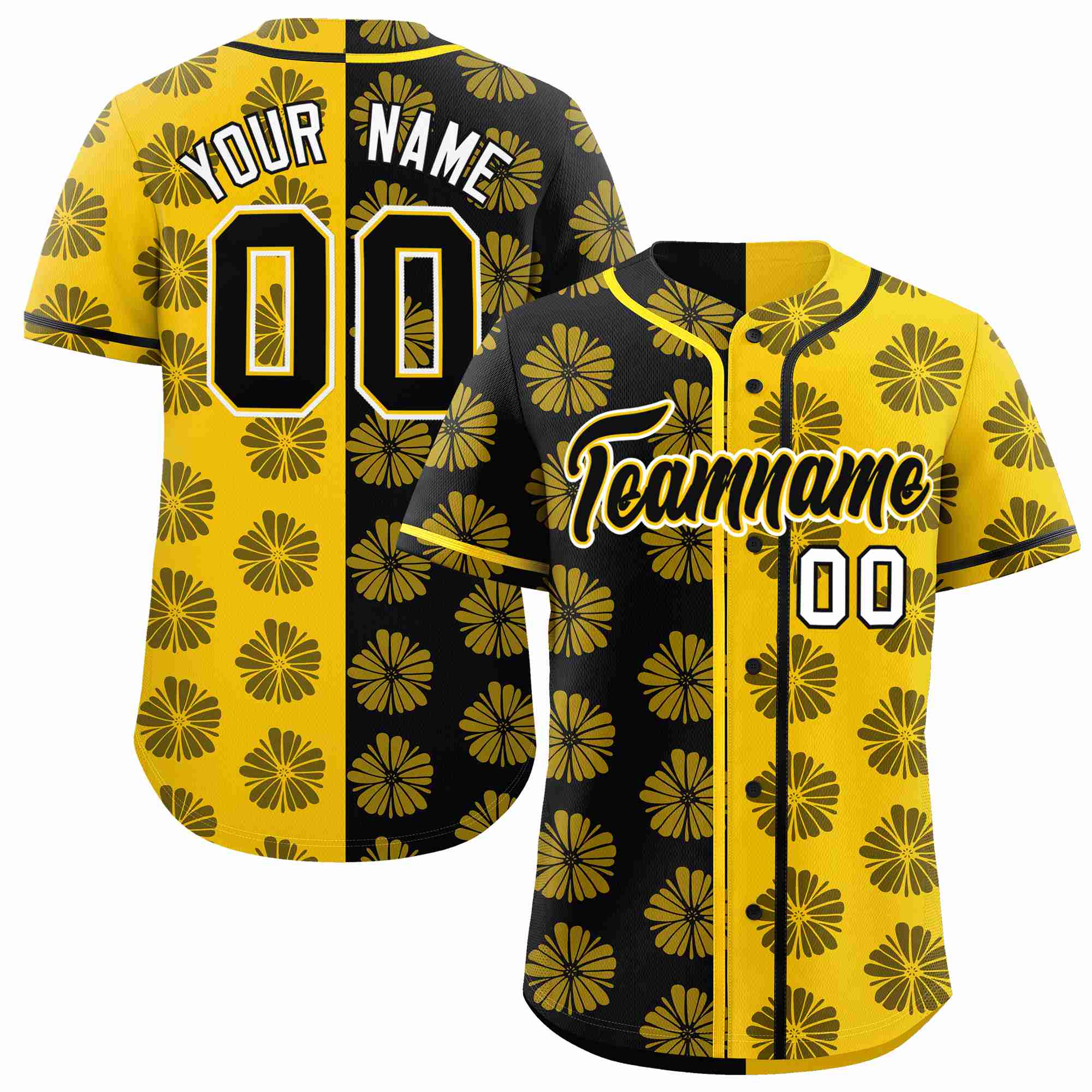 Custom Black Gold Split Fashion Flower Graffiti Pattern Authentic Baseball Jersey