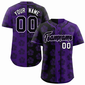 Custom Black Purple Split Fashion Flower Graffiti Pattern Authentic Baseball Jersey