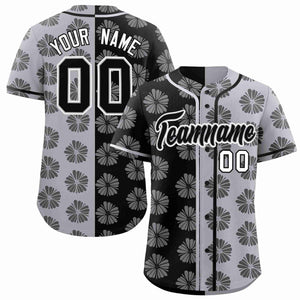 Custom Black Light Gray Split Fashion Flower Graffiti Pattern Authentic Baseball Jersey