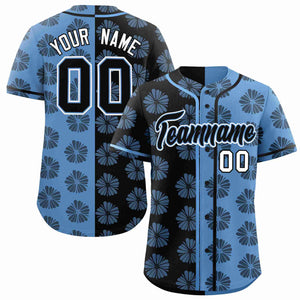 Custom Black Light Blue Split Fashion Flower Graffiti Pattern Authentic Baseball Jersey