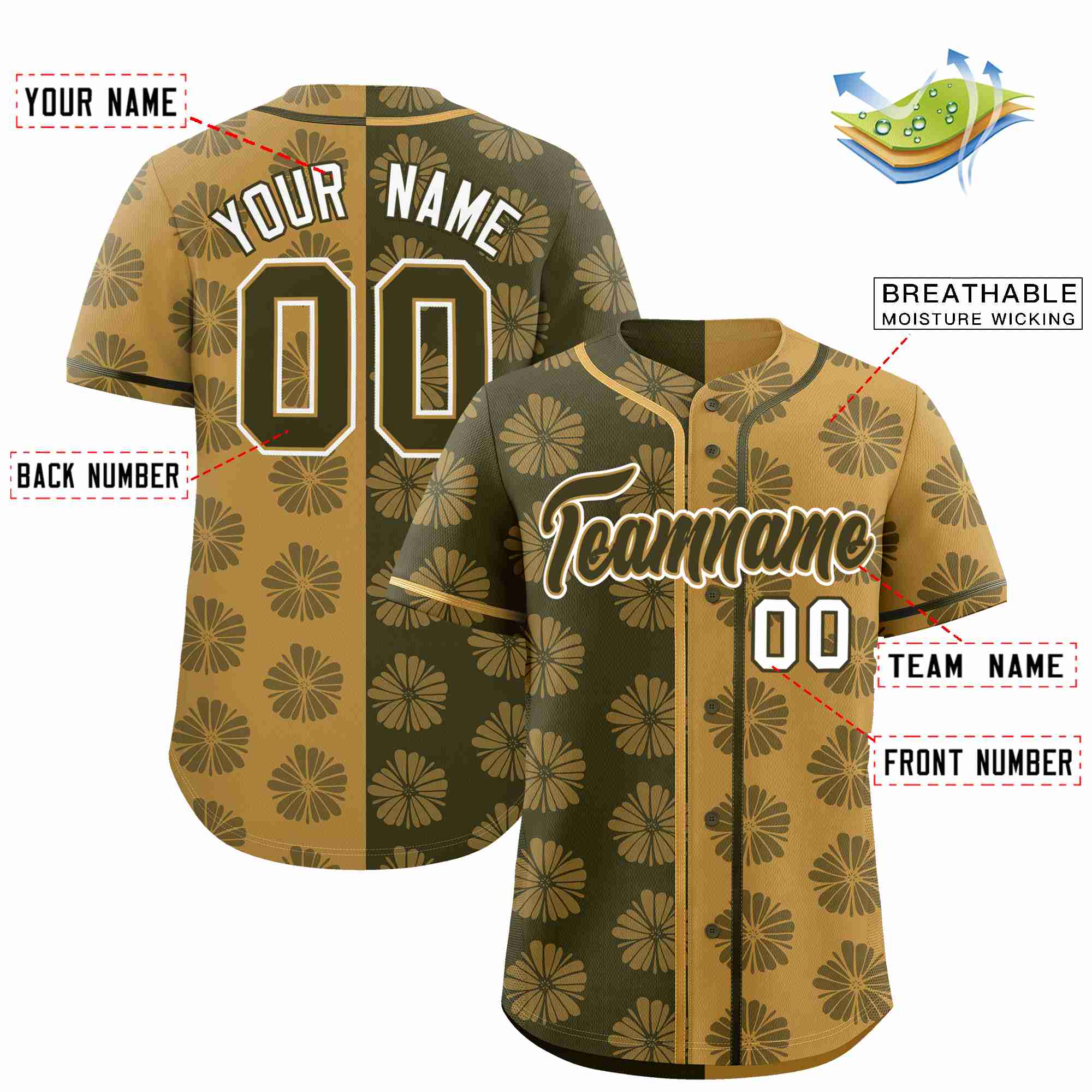 Custom Olive Old Gold Split Fashion Flower Graffiti Pattern Authentic Baseball Jersey