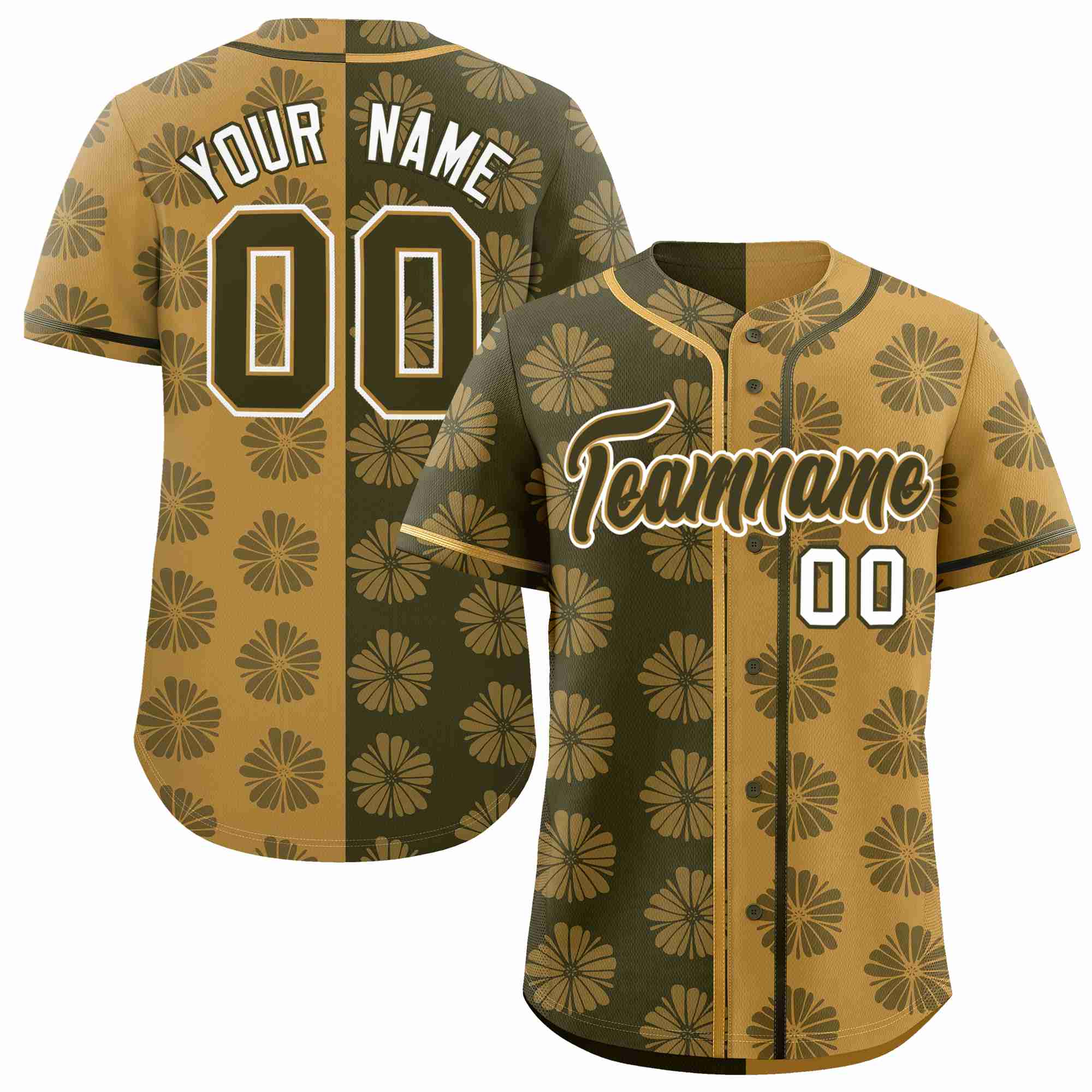 Custom Olive Old Gold Split Fashion Flower Graffiti Pattern Authentic Baseball Jersey