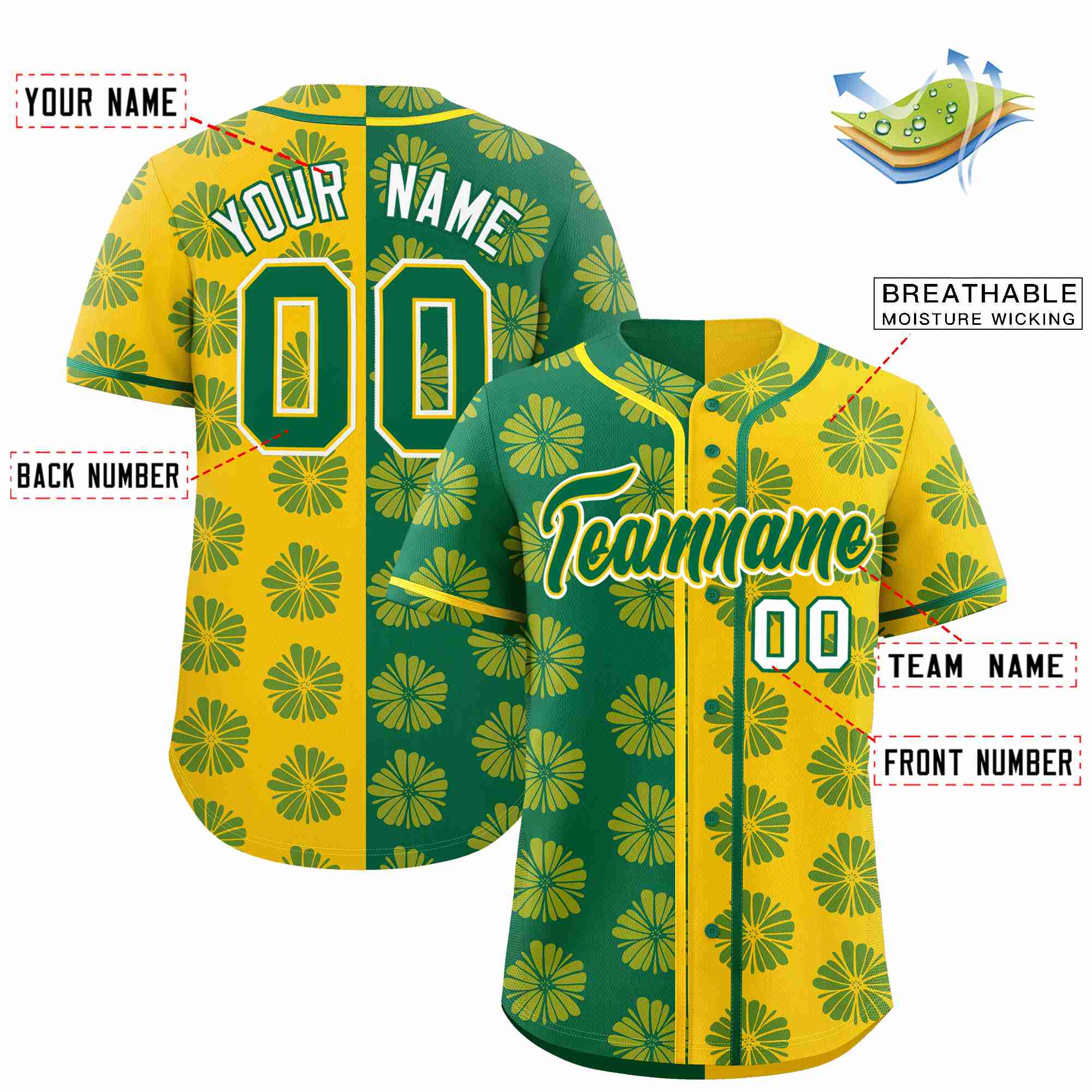 Custom Kelly Green Gold Split Fashion Flower Graffiti Pattern Authentic Baseball Jersey