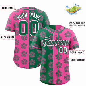 Custom Kelly Green Pink Split Fashion Flower Graffiti Pattern Authentic Baseball Jersey