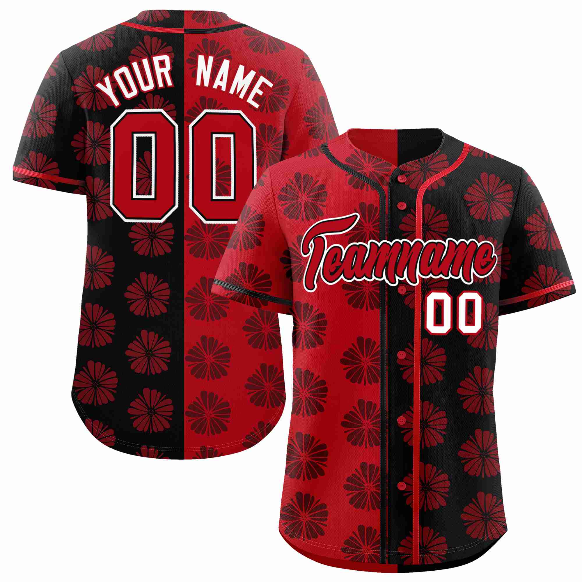 Custom Red Black Split Fashion Flower Graffiti Pattern Authentic Baseball Jersey