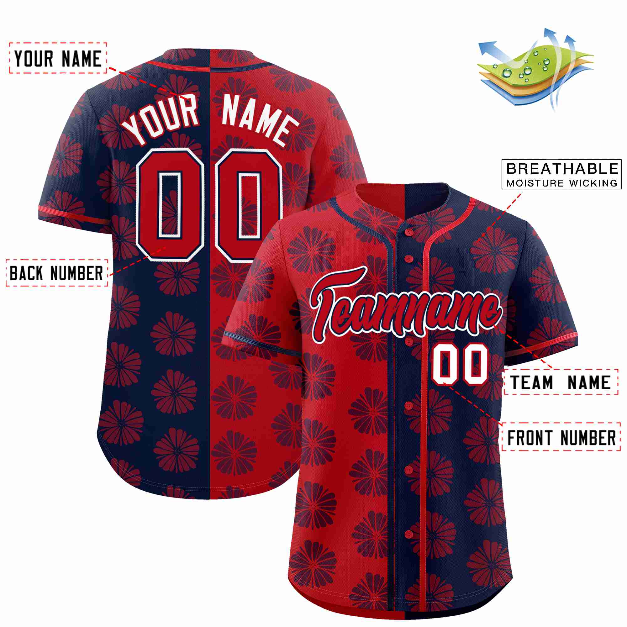 Custom Red Navy Split Fashion Flower Graffiti Pattern Authentic Baseball Jersey