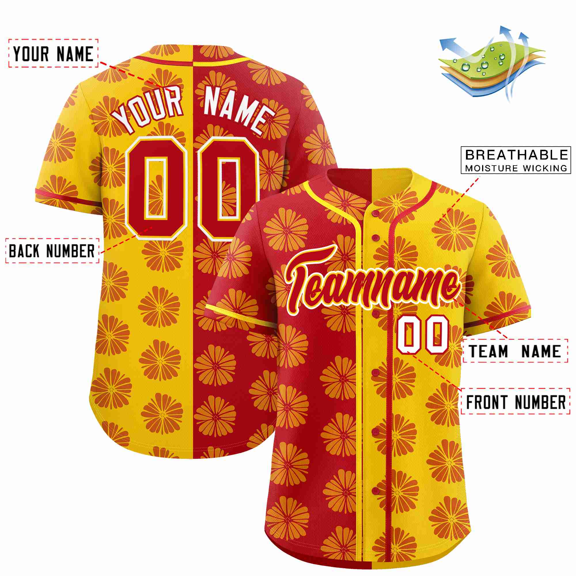 Custom Red Gold Split Fashion Flower Graffiti Pattern Authentic Baseball Jersey