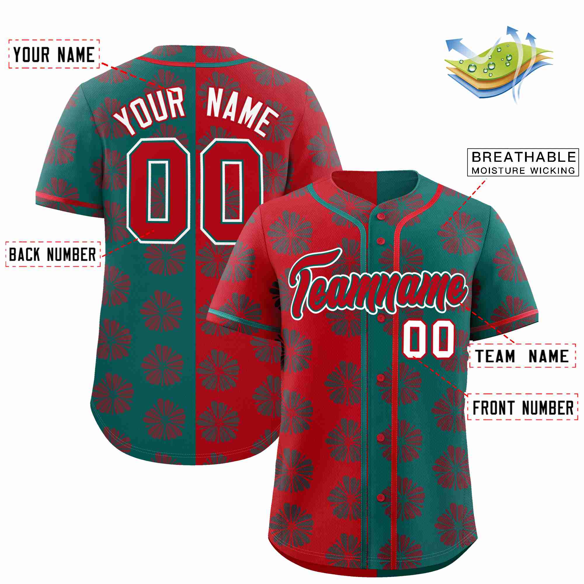 Custom Red Aqua Split Fashion Flower Graffiti Pattern Authentic Baseball Jersey