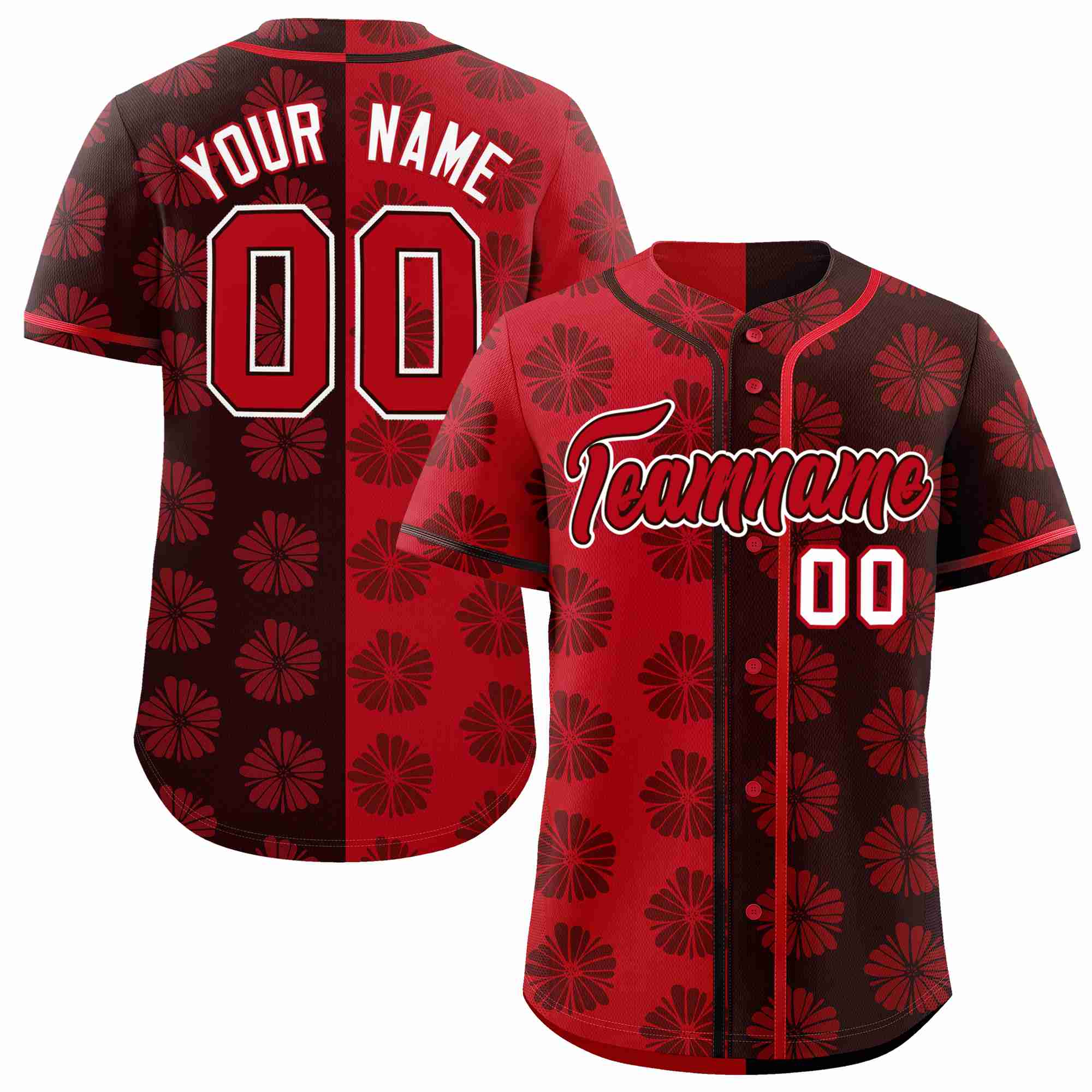 Custom Red Brown Split Fashion Flower Graffiti Pattern Authentic Baseball Jersey