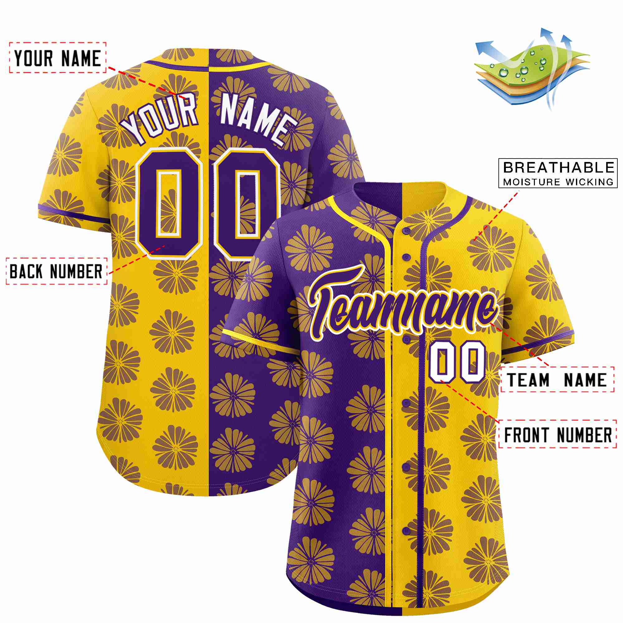 Custom Purple Gold Split Fashion Flower Graffiti Pattern Authentic Baseball Jersey