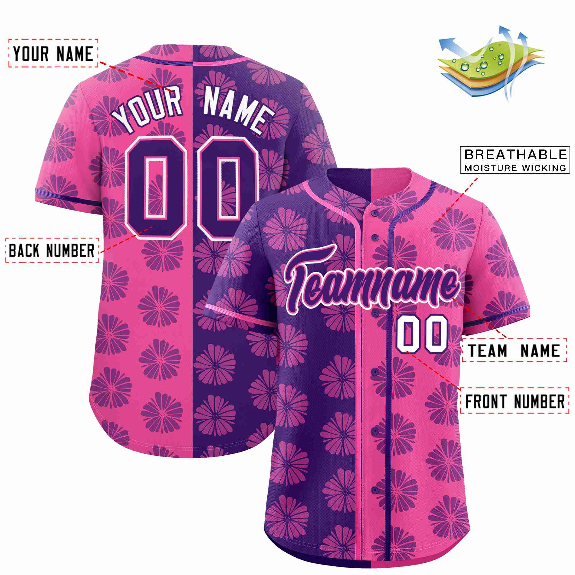 Custom Purple Pink Split Fashion Flower Graffiti Pattern Authentic Baseball Jersey