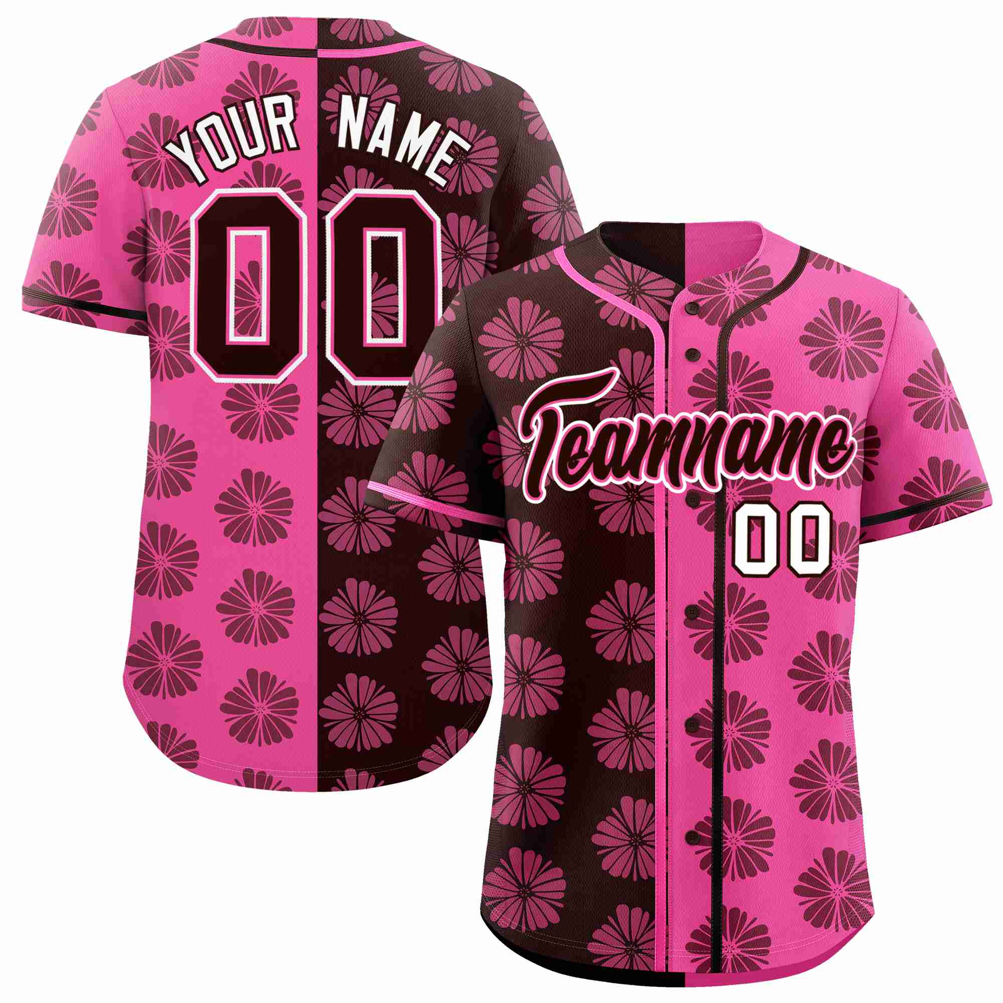 Custom Brown Pink Split Fashion Flower Graffiti Pattern Authentic Baseball Jersey