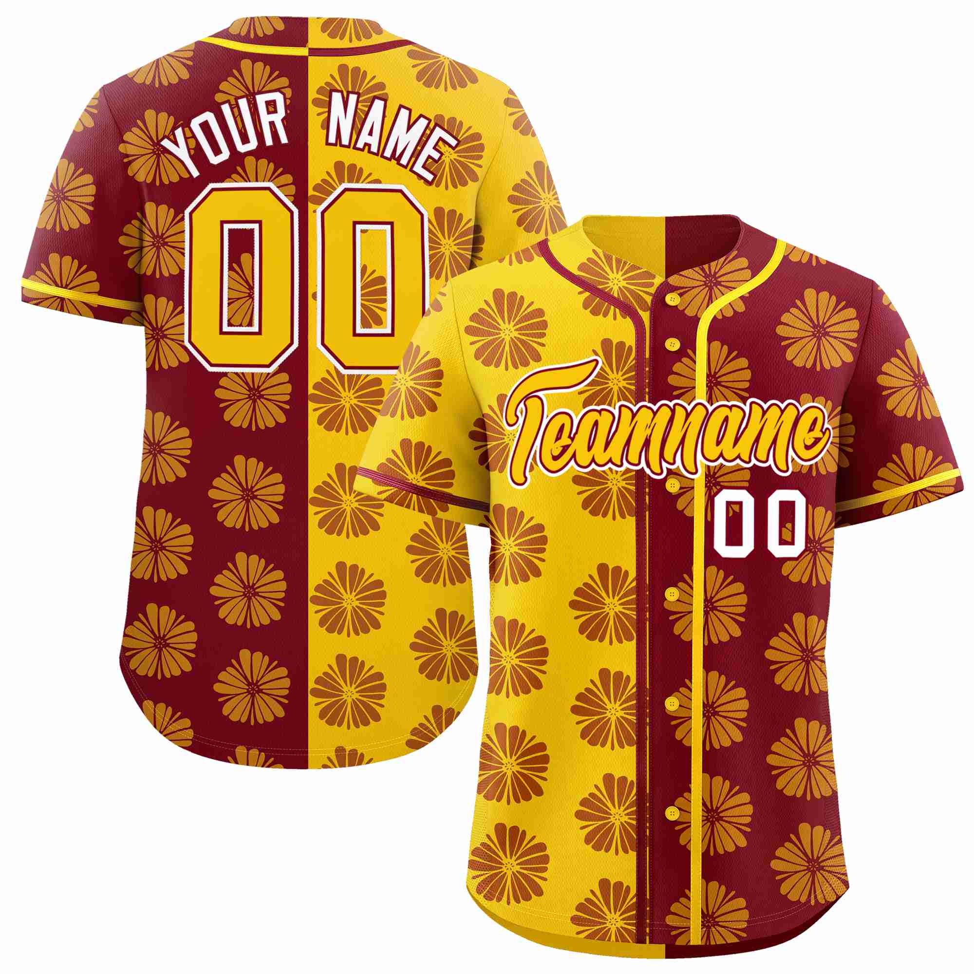 Custom Gold Crimson Split Fashion Flower Graffiti Pattern Authentic Baseball Jersey