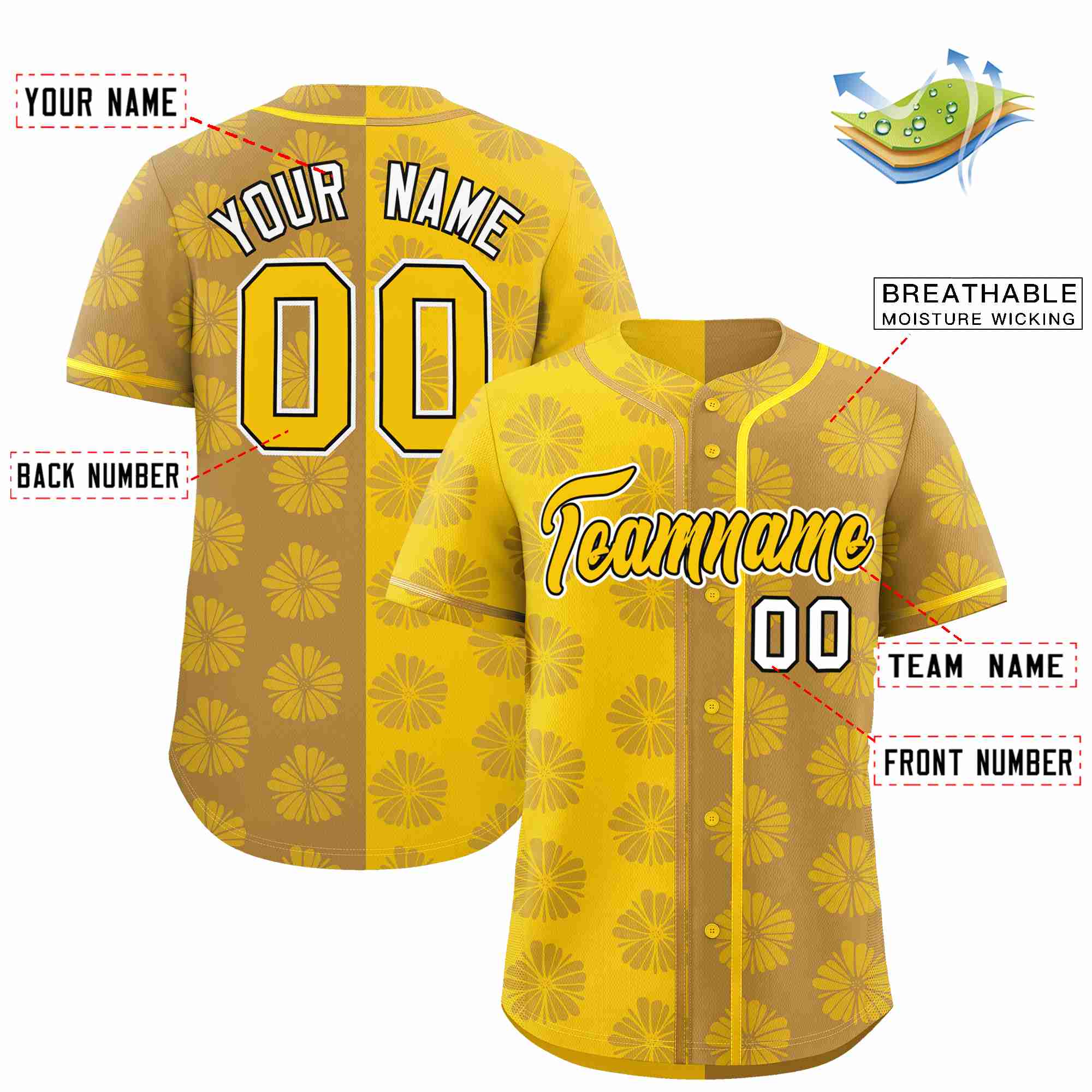 Custom Gold Old Gold Split Fashion Flower Graffiti Pattern Authentic Baseball Jersey