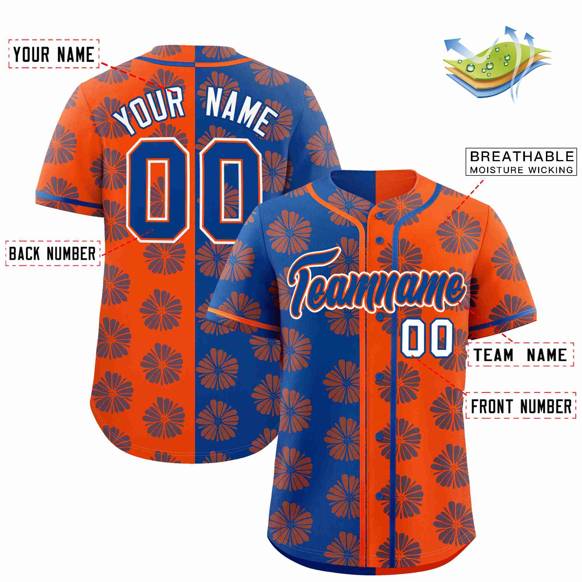 Custom Royal Orange Split Fashion Flower Graffiti Pattern Authentic Baseball Jersey