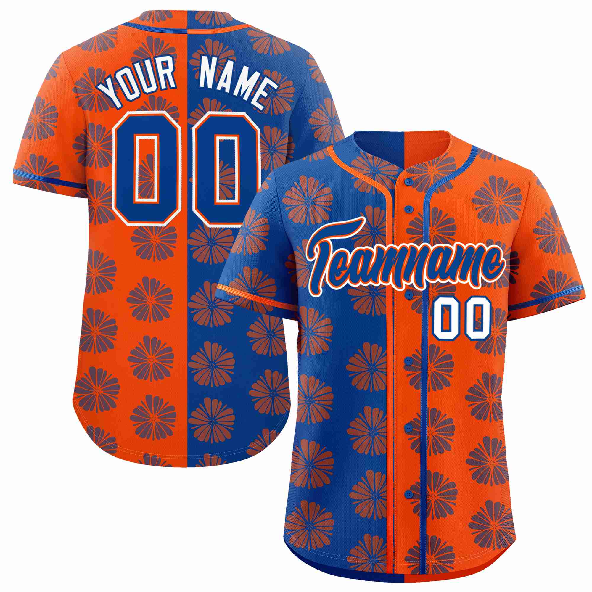 Custom Royal Orange Split Fashion Flower Graffiti Pattern Authentic Baseball Jersey