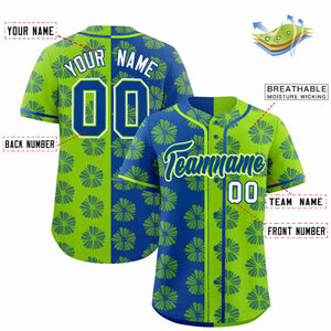 Custom Royal Neon Green Split Fashion Flower Graffiti Pattern Authentic Baseball Jersey