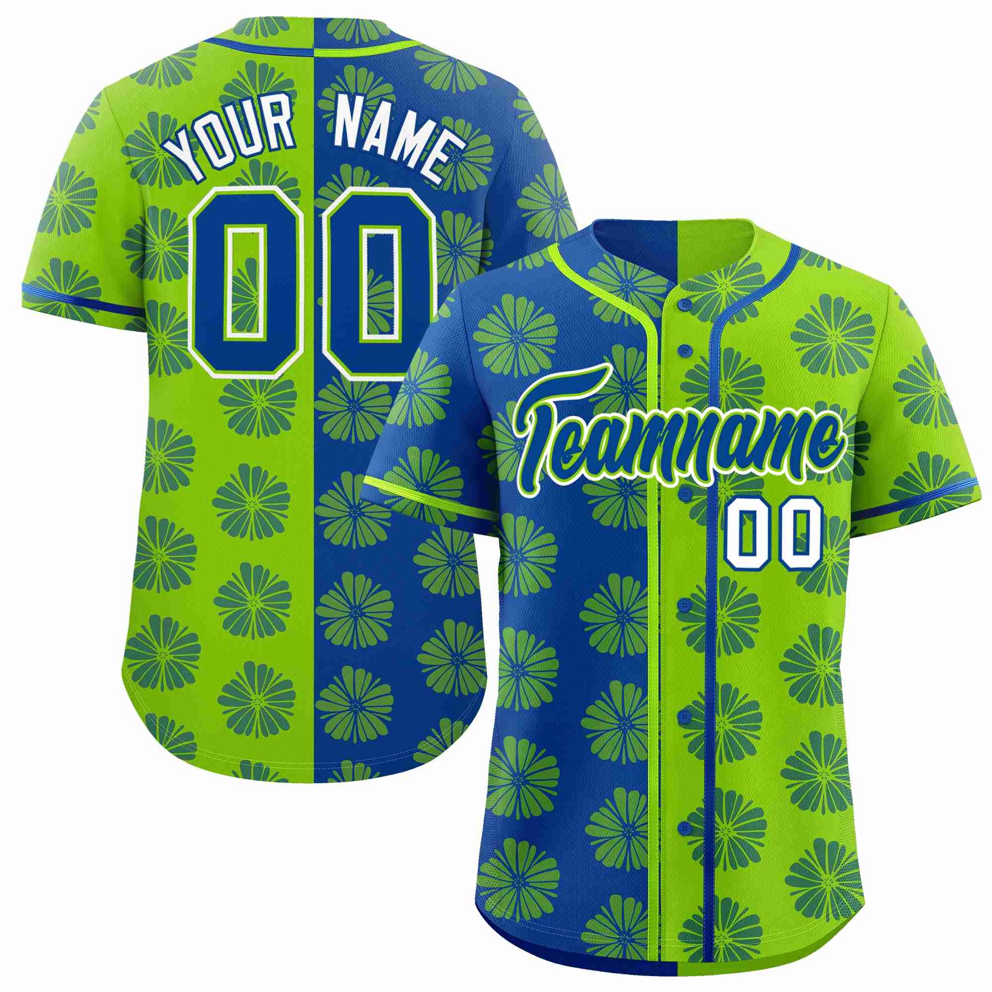 Custom Royal Neon Green Split Fashion Flower Graffiti Pattern Authentic Baseball Jersey