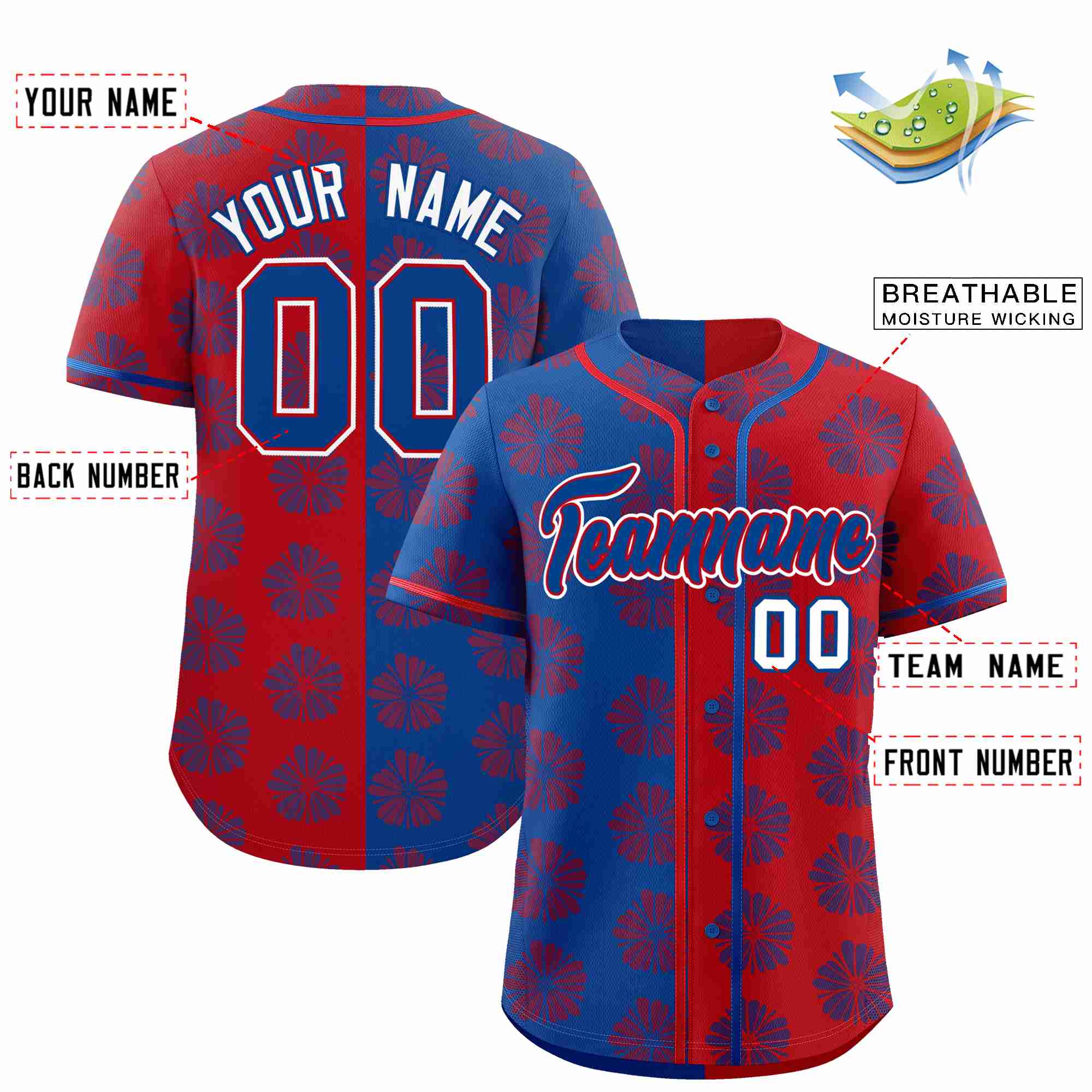 Custom Royal Red Split Fashion Flower Graffiti Pattern Authentic Baseball Jersey