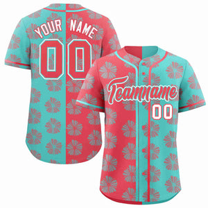 Custom Light Red Aqua Split Fashion Flower Graffiti Pattern Authentic Baseball Jersey