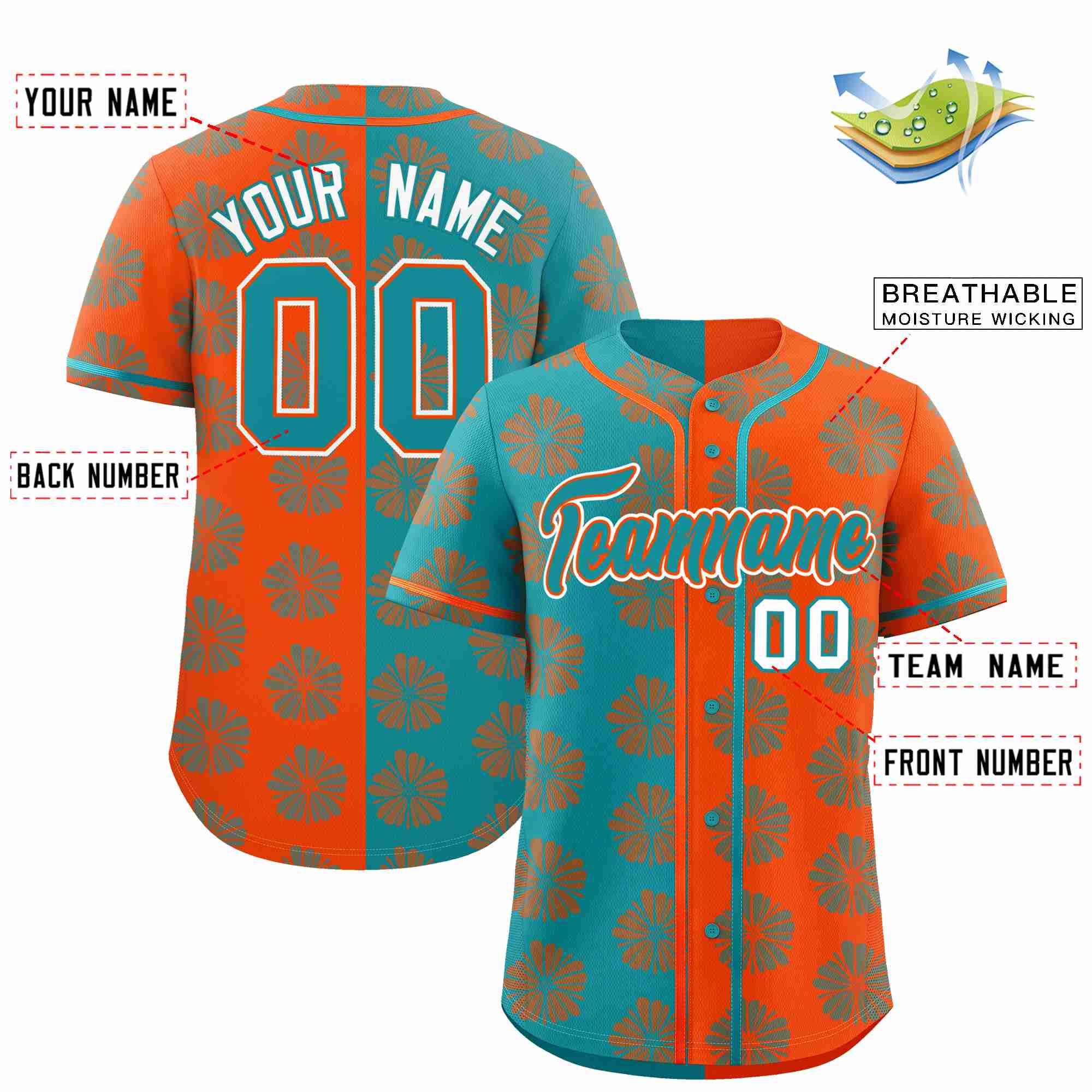 Custom Aqua Orange Split Fashion Flower Graffiti Pattern Authentic Baseball Jersey