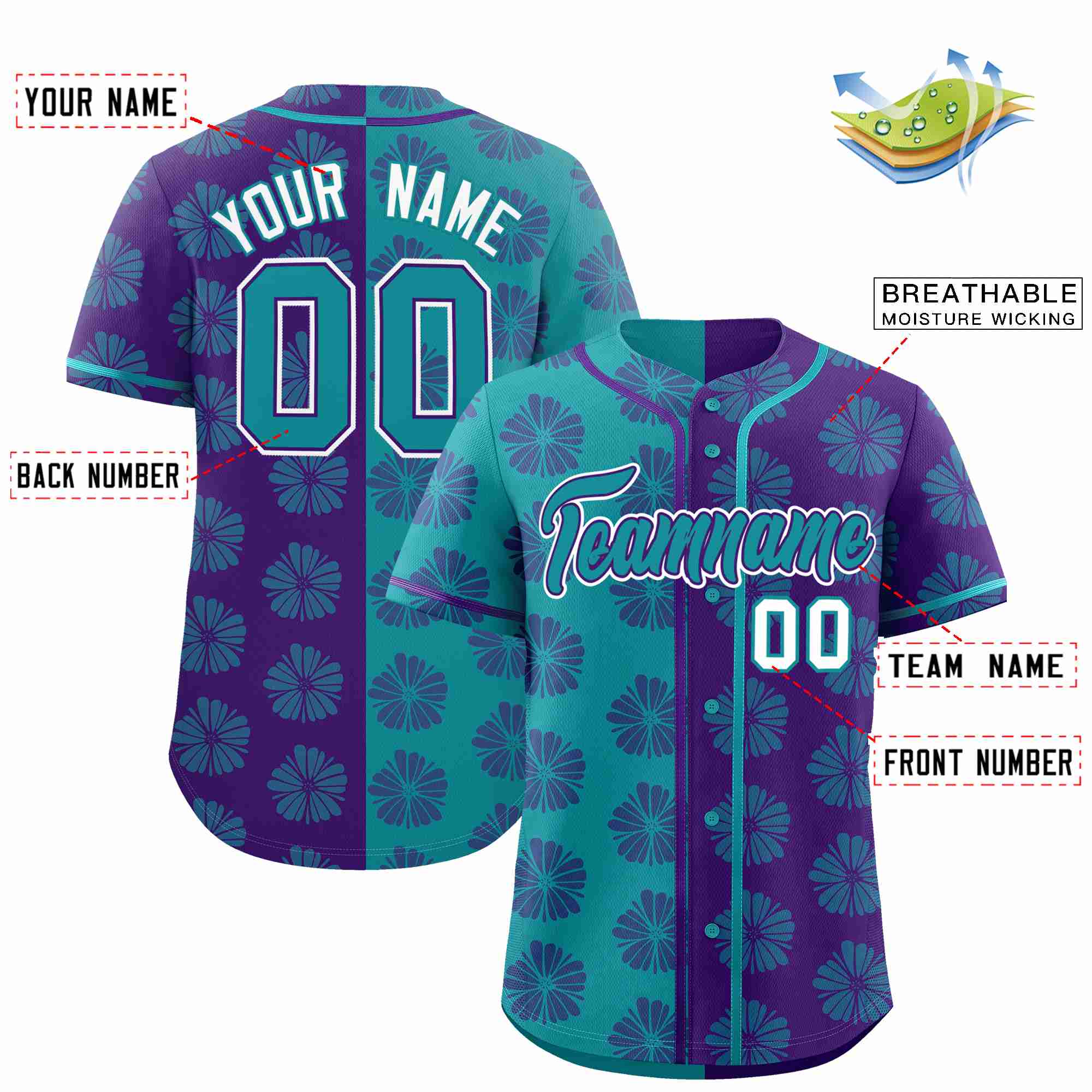 Custom Aqua Purple Split Fashion Flower Graffiti Pattern Authentic Baseball Jersey