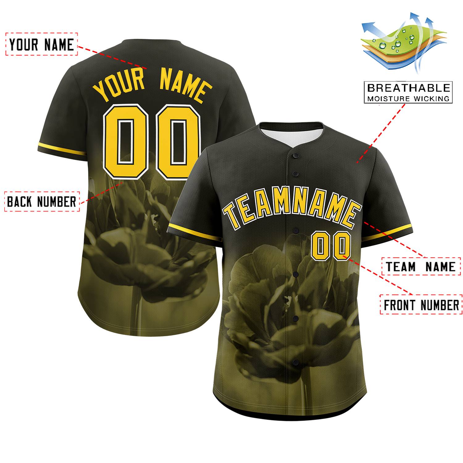 Custom Black Personalized 3D Flower Design Authentic Baseball Jersey