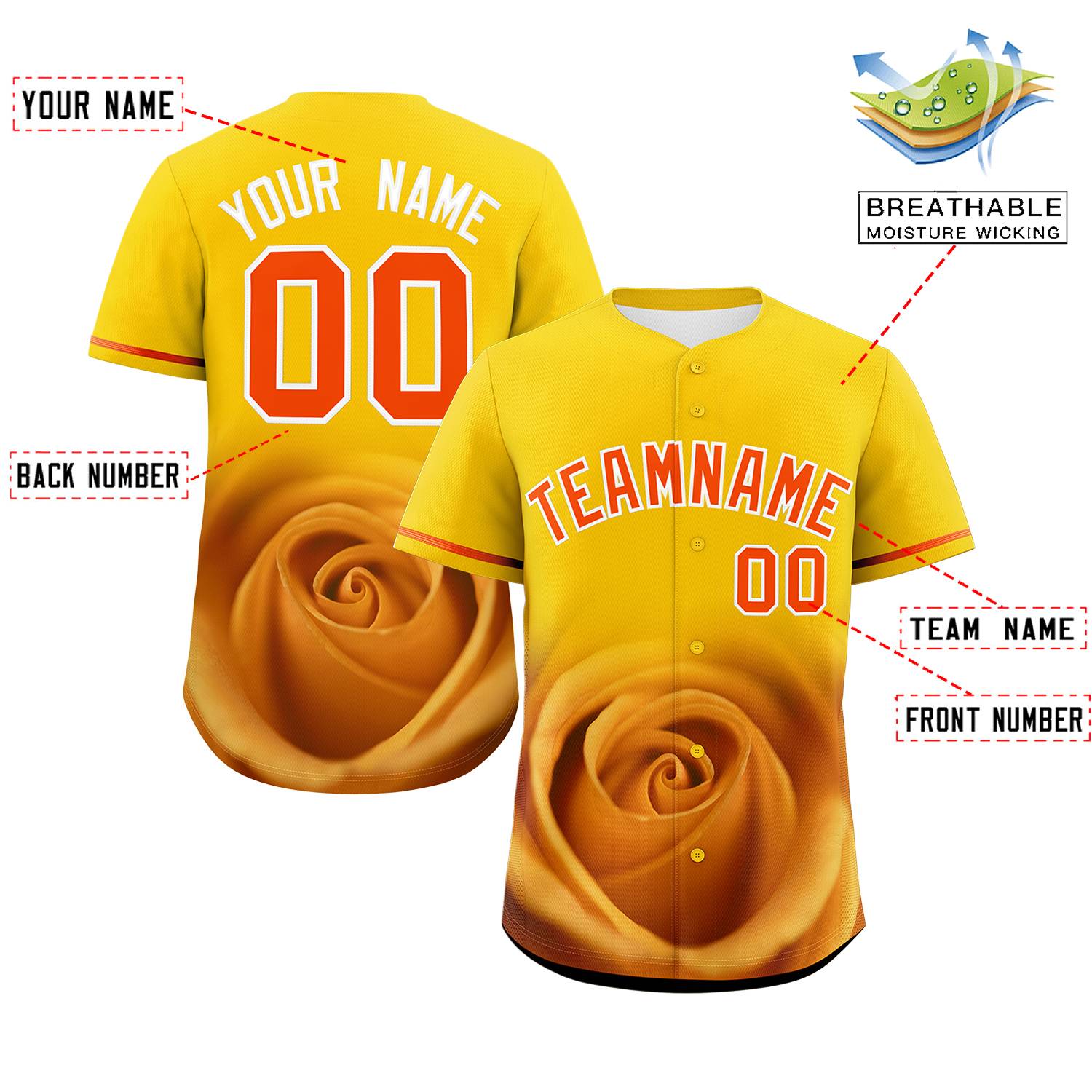 Custom Gold Personalized 3D Flower Design Authentic Baseball Jersey