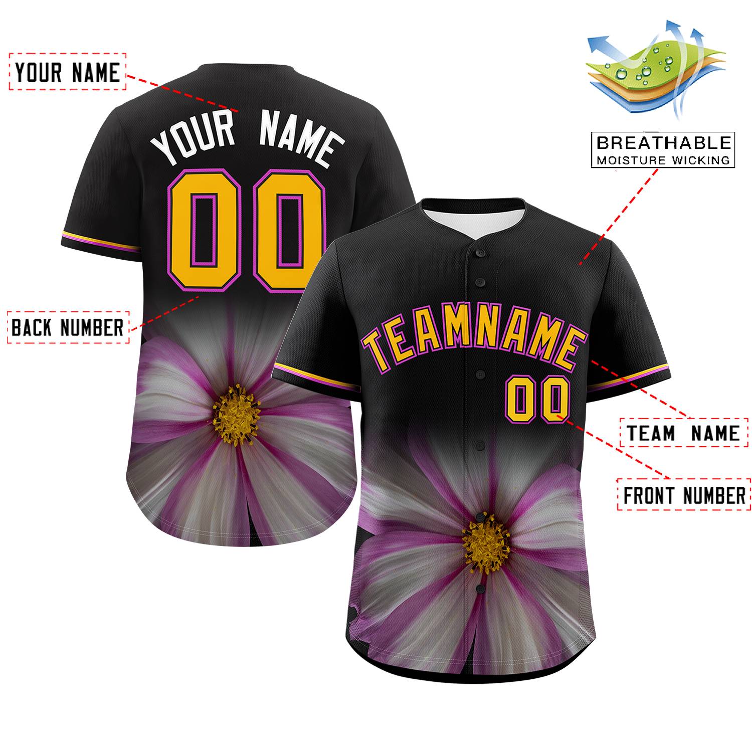 Custom Black Personalized 3D Flower Design Authentic Baseball Jersey