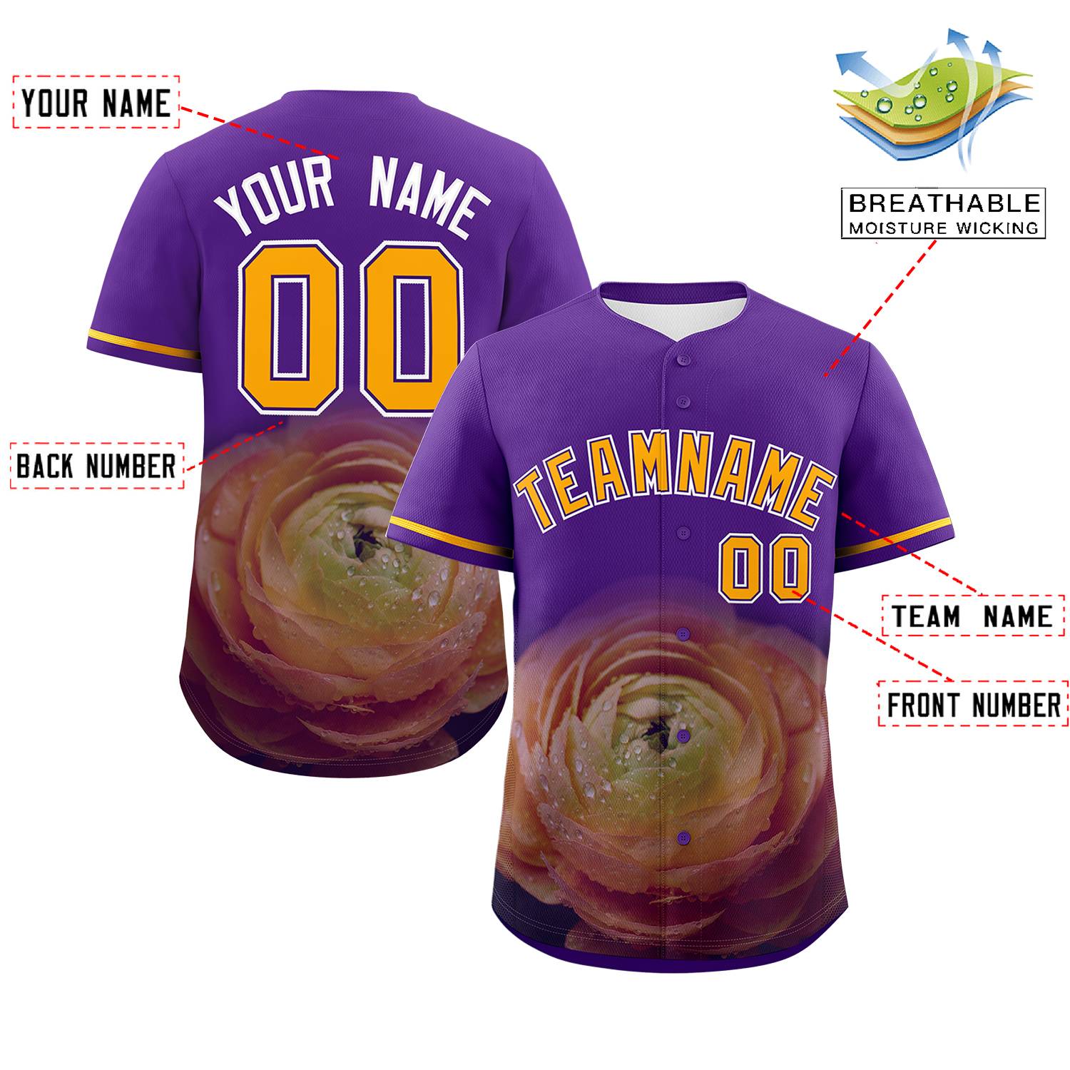 Custom Purple Personalized 3D Flower Design Authentic Baseball Jersey