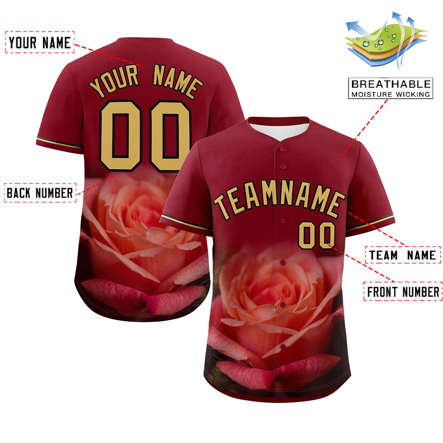 Custom Crimson Personalized 3D Flower Design Authentic Baseball Jersey