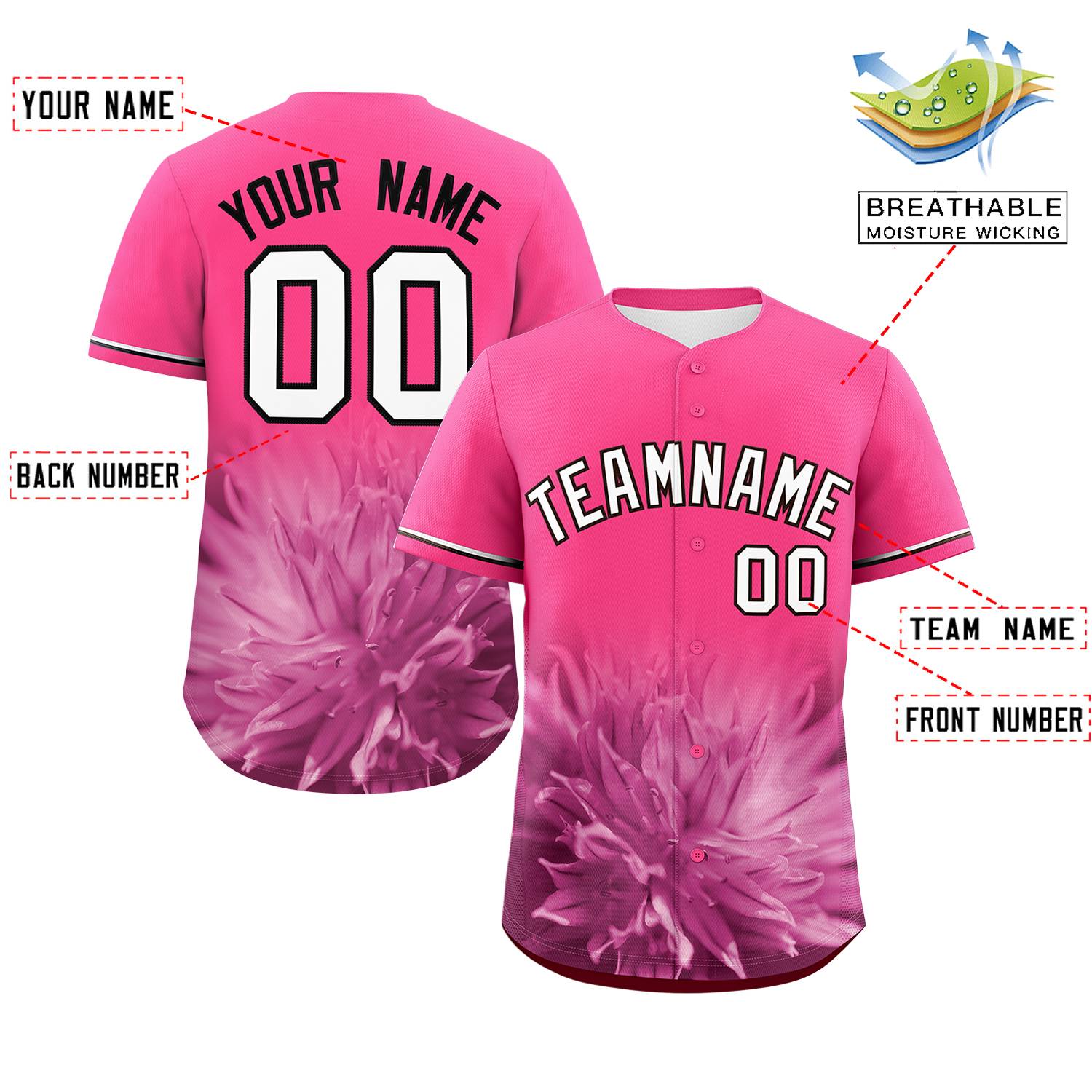 Custom Pink Personalized 3D Flower Design Authentic Baseball Jersey