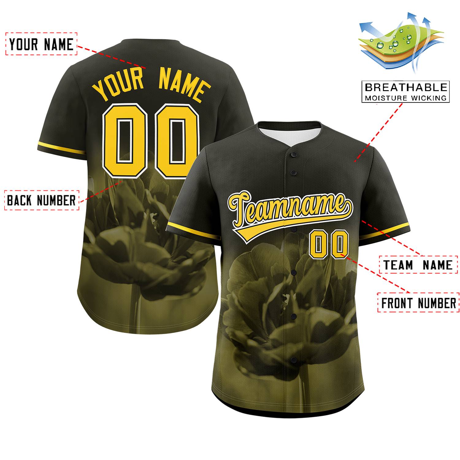 Custom Black Personalized 3D Flower Design Authentic Baseball Jersey