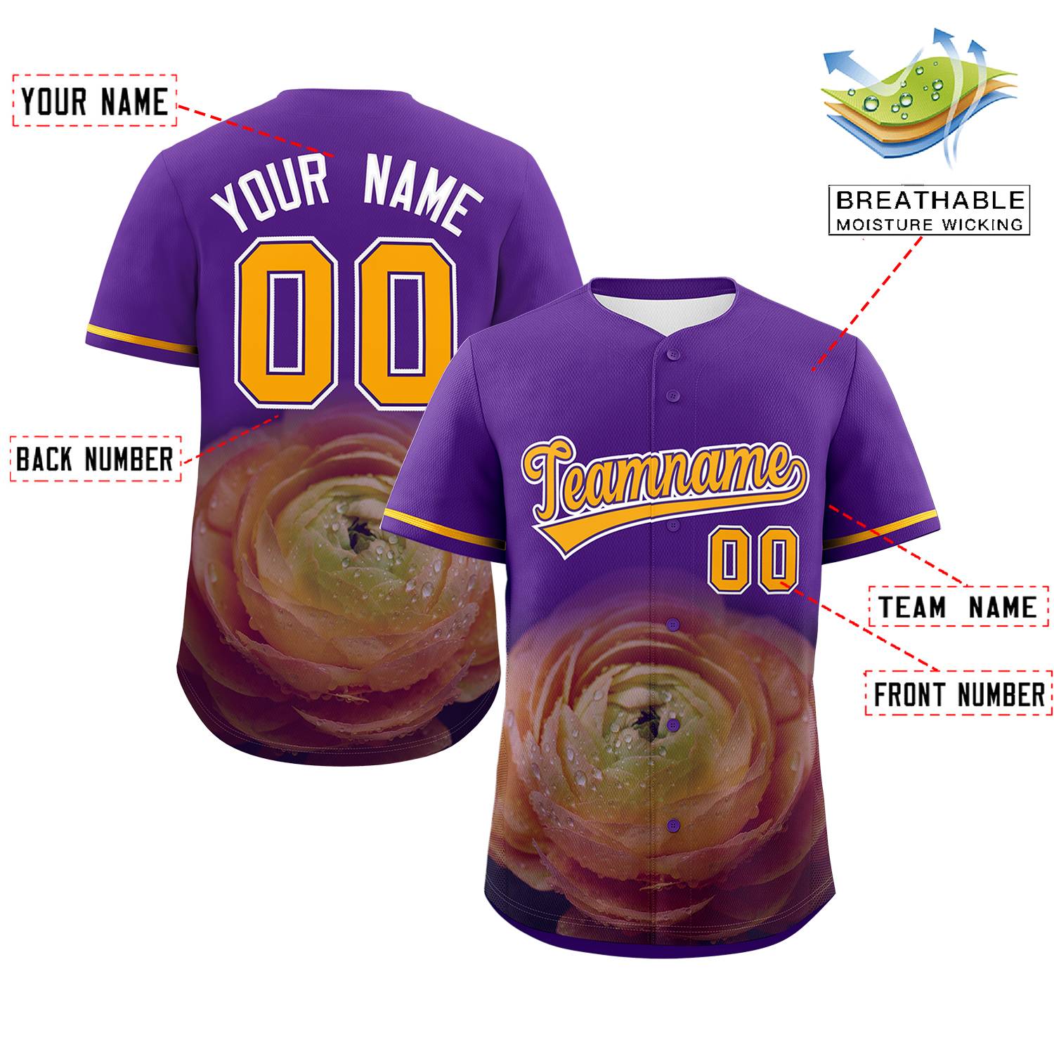 Custom Purple Personalized 3D Flower Design Authentic Baseball Jersey