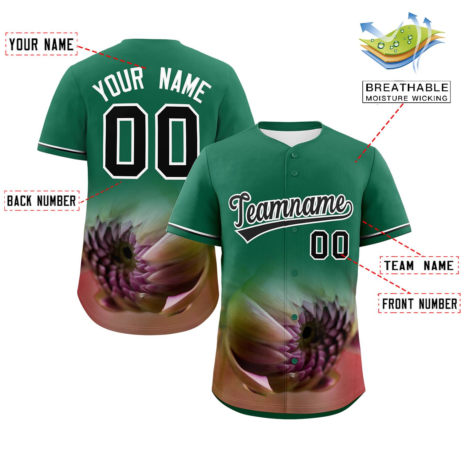 Custom Kelly Green Personalized 3D Flower Design Authentic Baseball Jersey