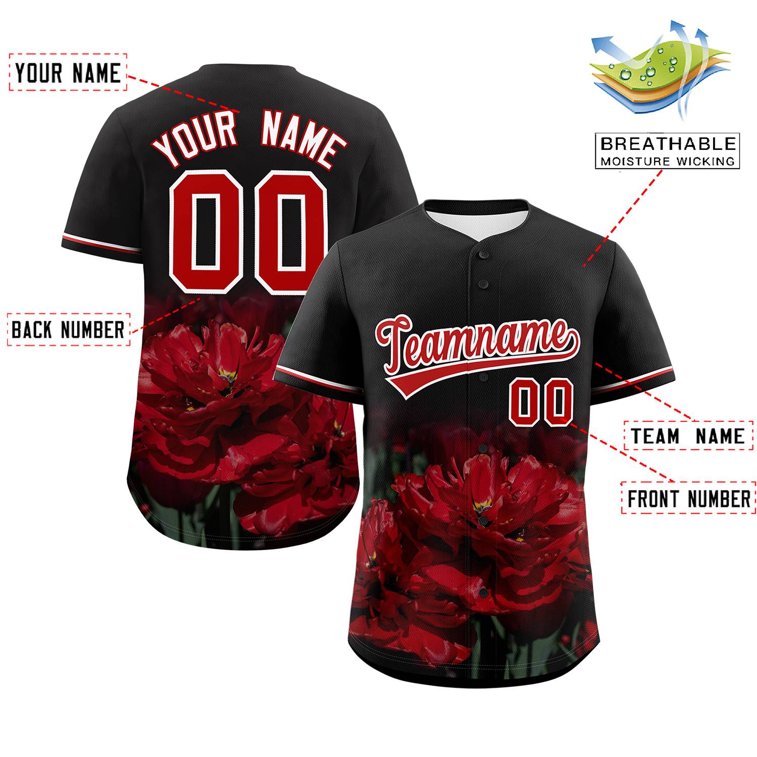 Custom Black Personalized 3D Flower Design Authentic Baseball Jersey