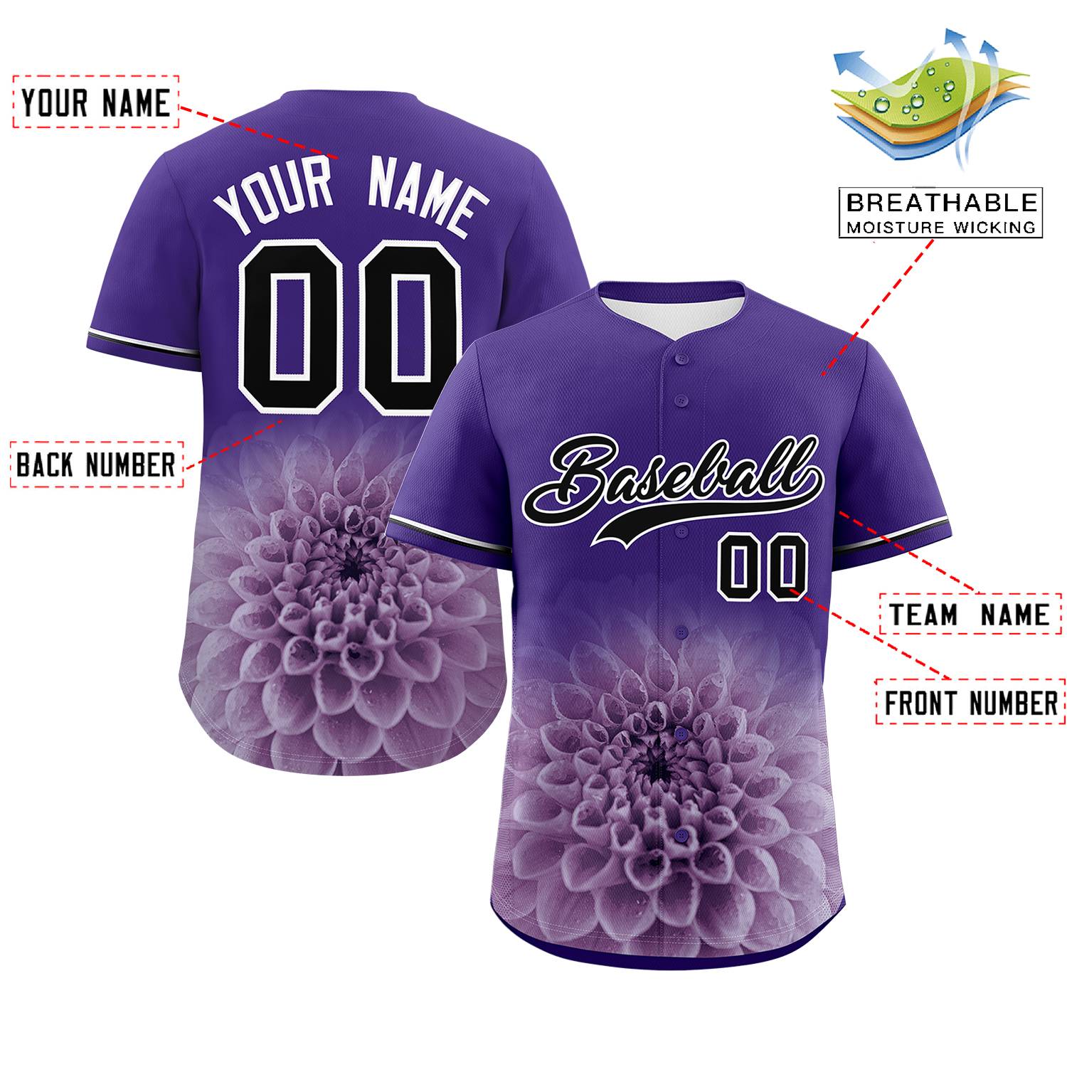 Custom Purple Personalized 3D Flower Design Authentic Baseball Jersey