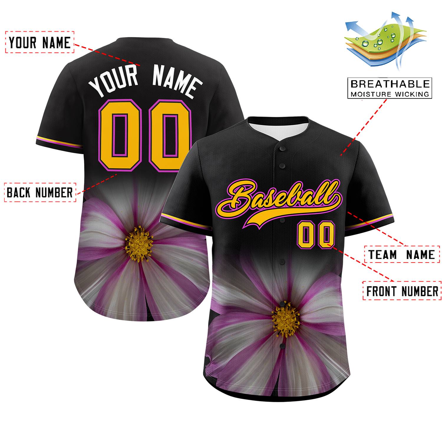 Custom Black Personalized 3D Flower Design Authentic Baseball Jersey