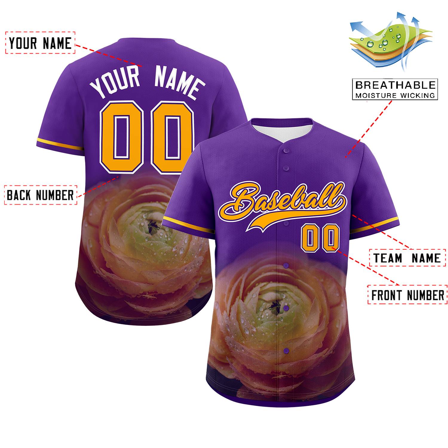 Custom Purple Personalized 3D Flower Design Authentic Baseball Jersey